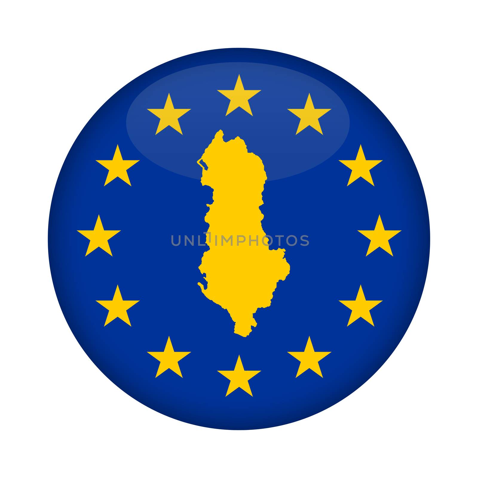 Albania map on a European Union flag button isolated on a white background.