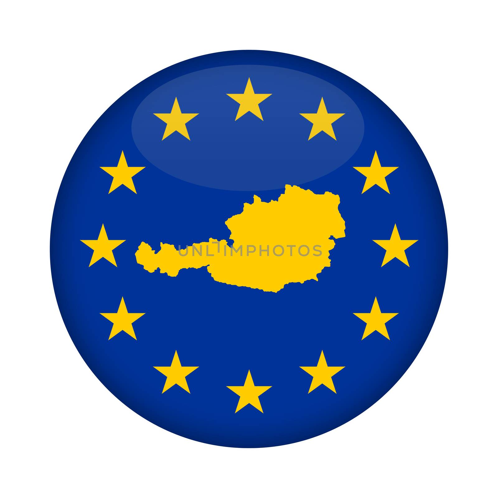 Austria map on a European Union flag button isolated on a white background.