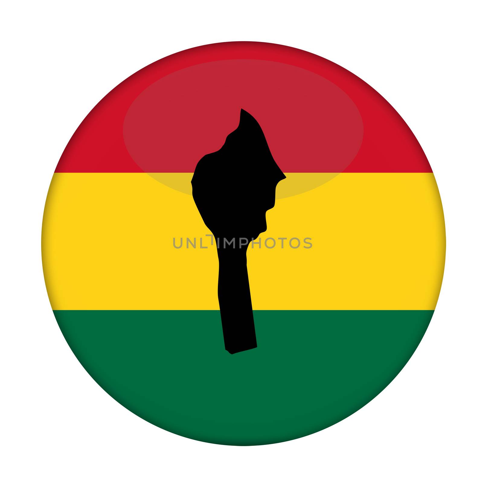 Benin map on a Rastafarian flag button, white background.