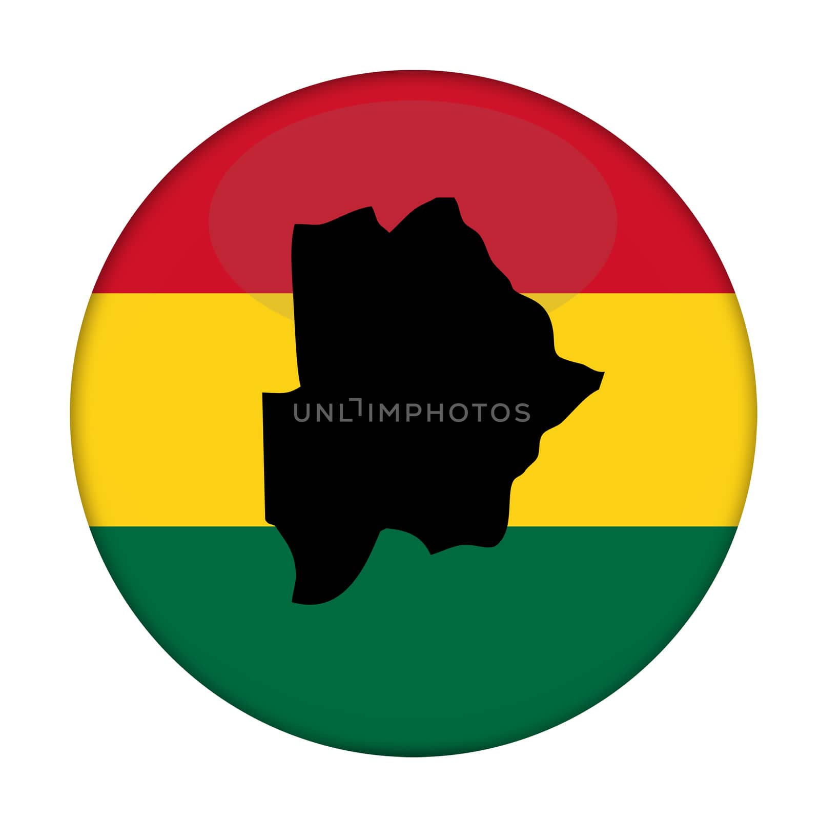 Botswana map on a Rastafarian flag button, white background.