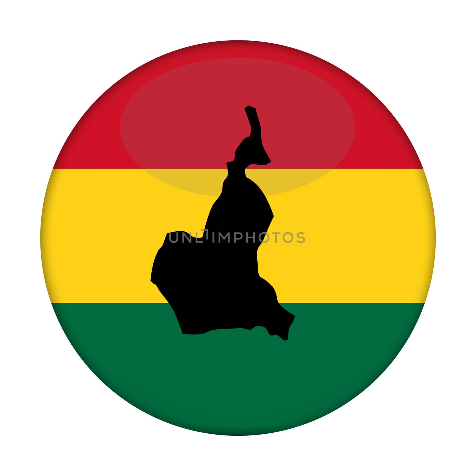 Cameroon map on a Rastafarian flag button, white background.