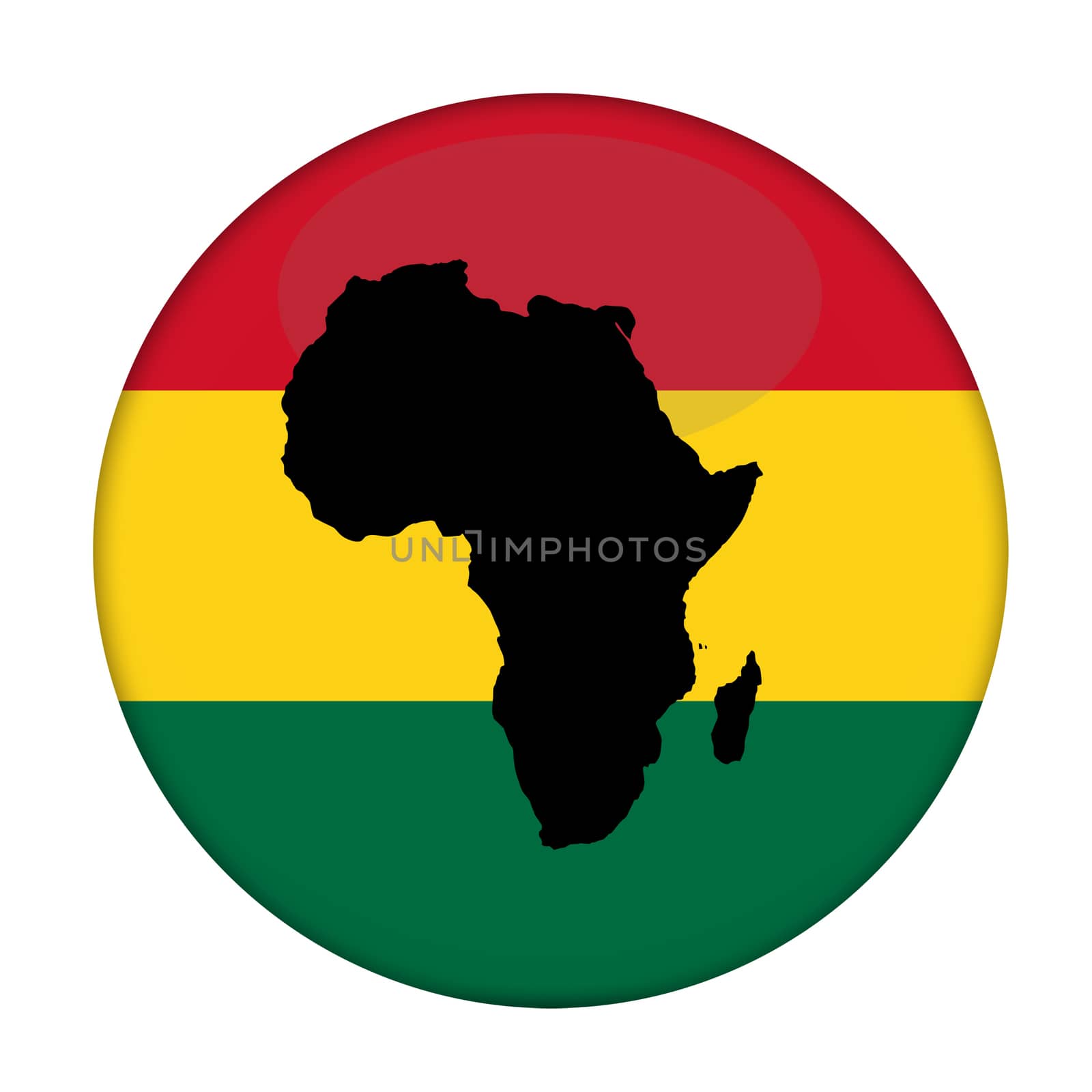 Continent of Africa flag button in Rastafarian colours on a white background.