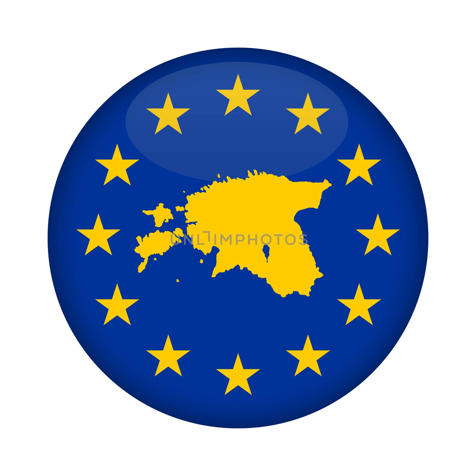Estonia map on a European Union flag button isolated on a white background.
