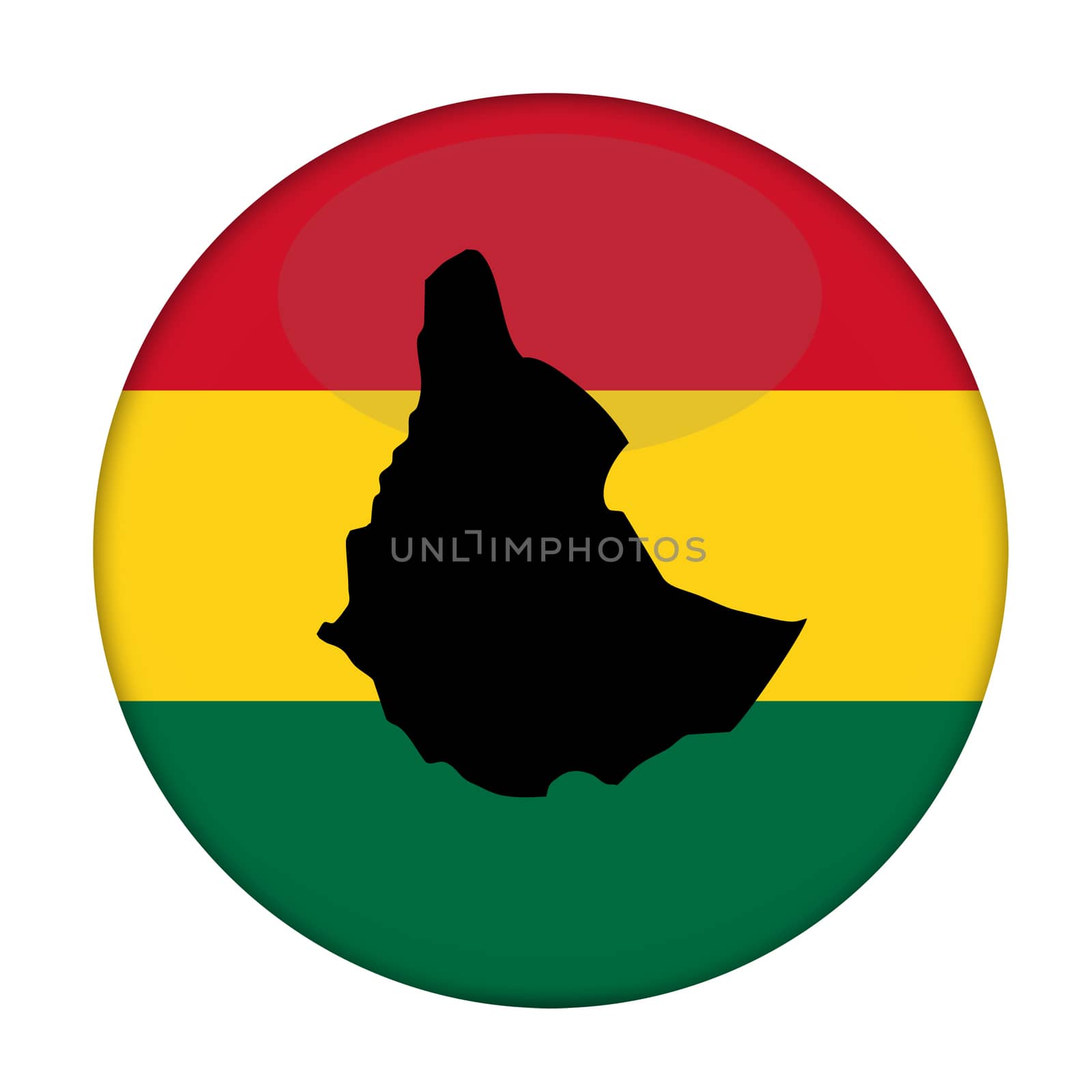Ethiopia map on a Rastafarian flag button, white background.