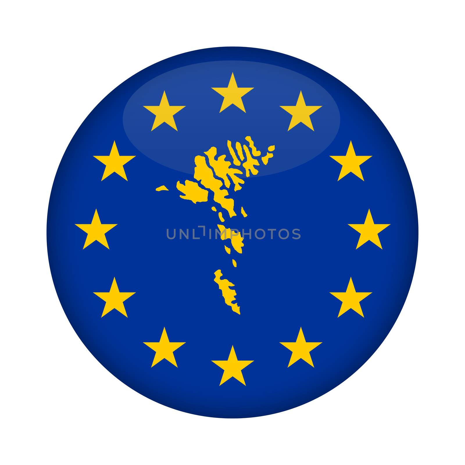 Faroe Islands map on a European Union flag button isolated on a white background.