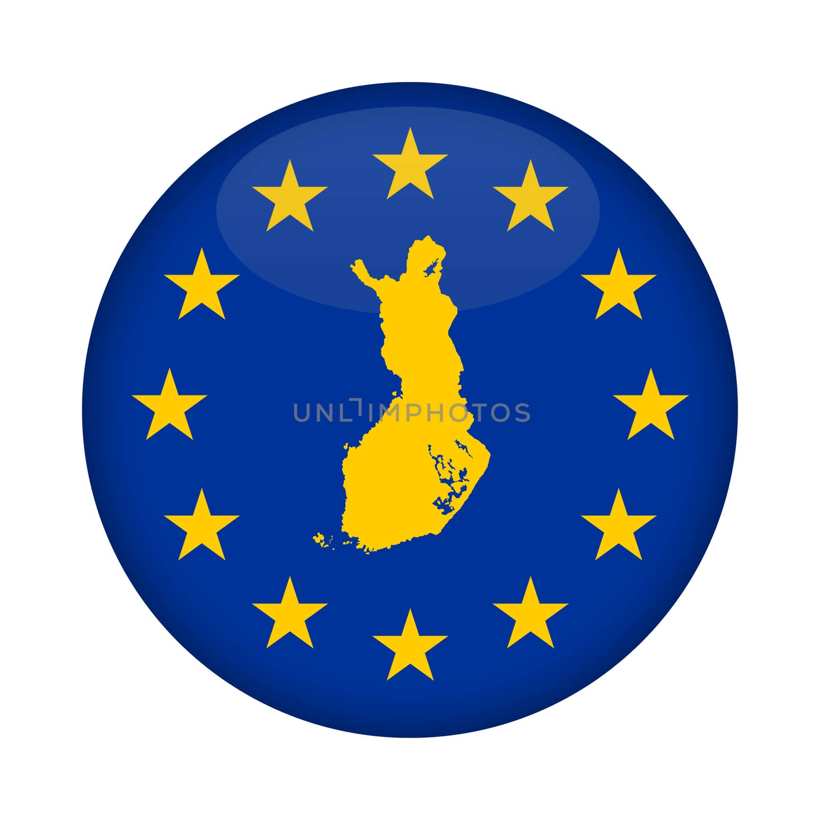 Finland map on a European Union flag button isolated on a white background.