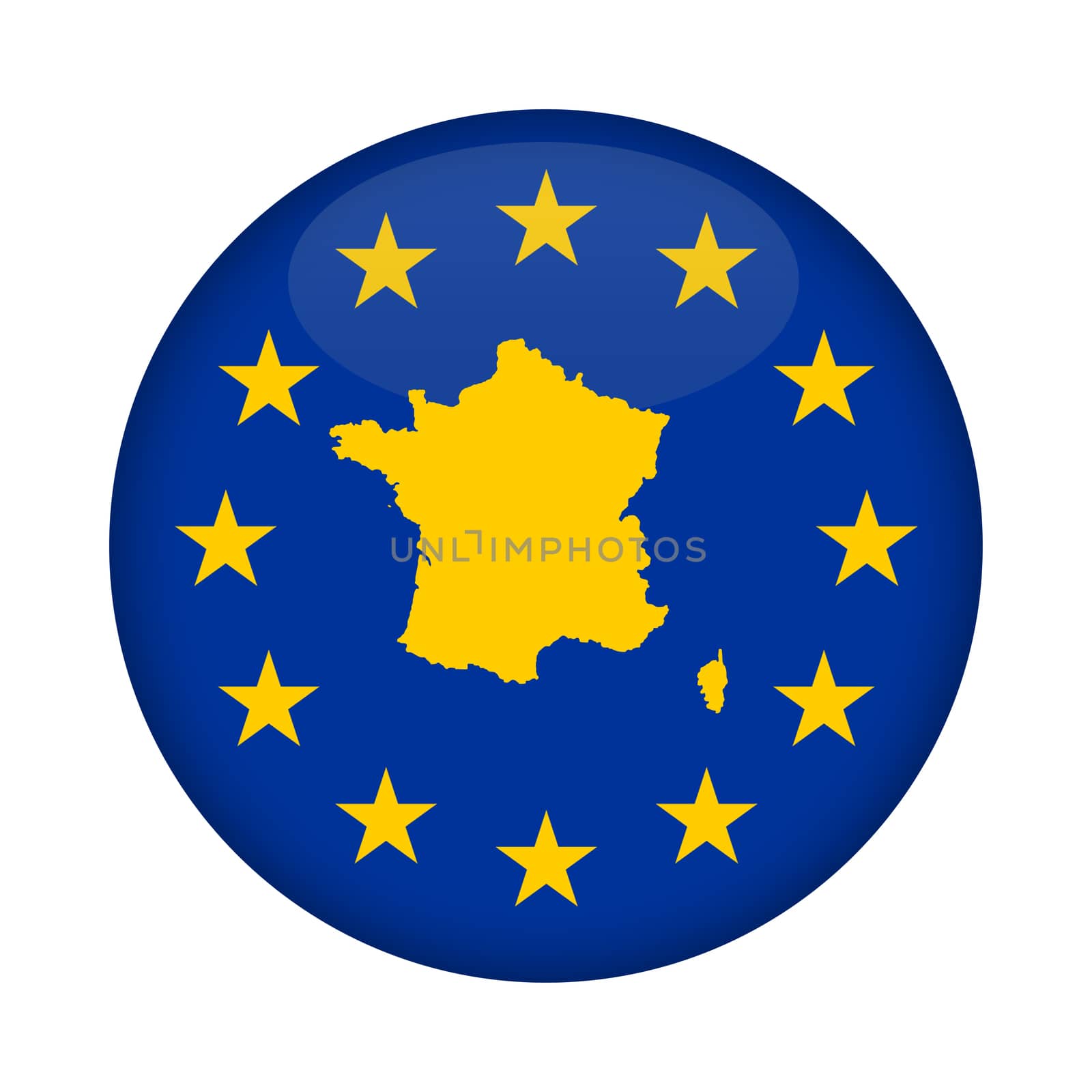 France map on a European Union flag button isolated on a white background.