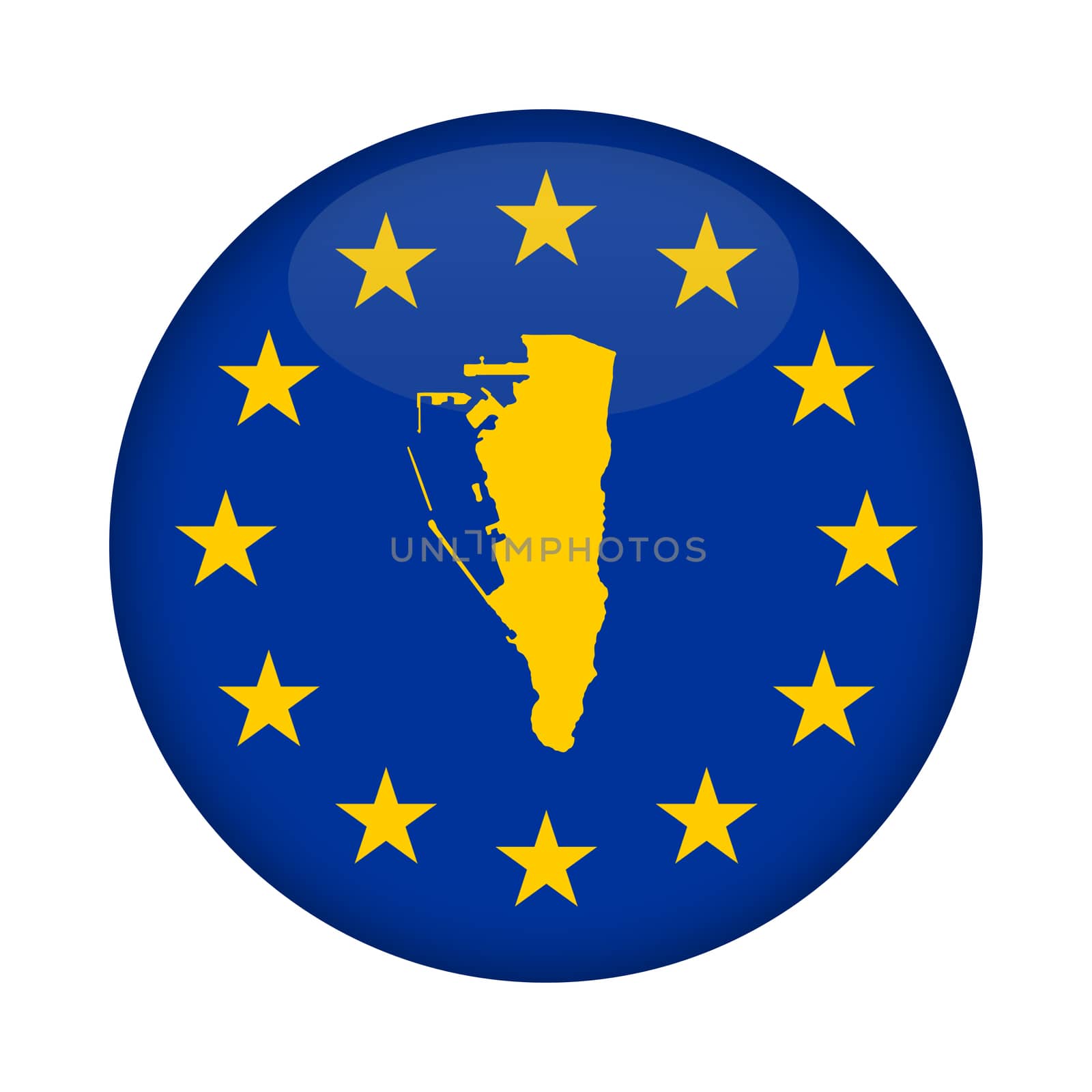 Gibraltar map on a European Union flag button isolated on a white background.