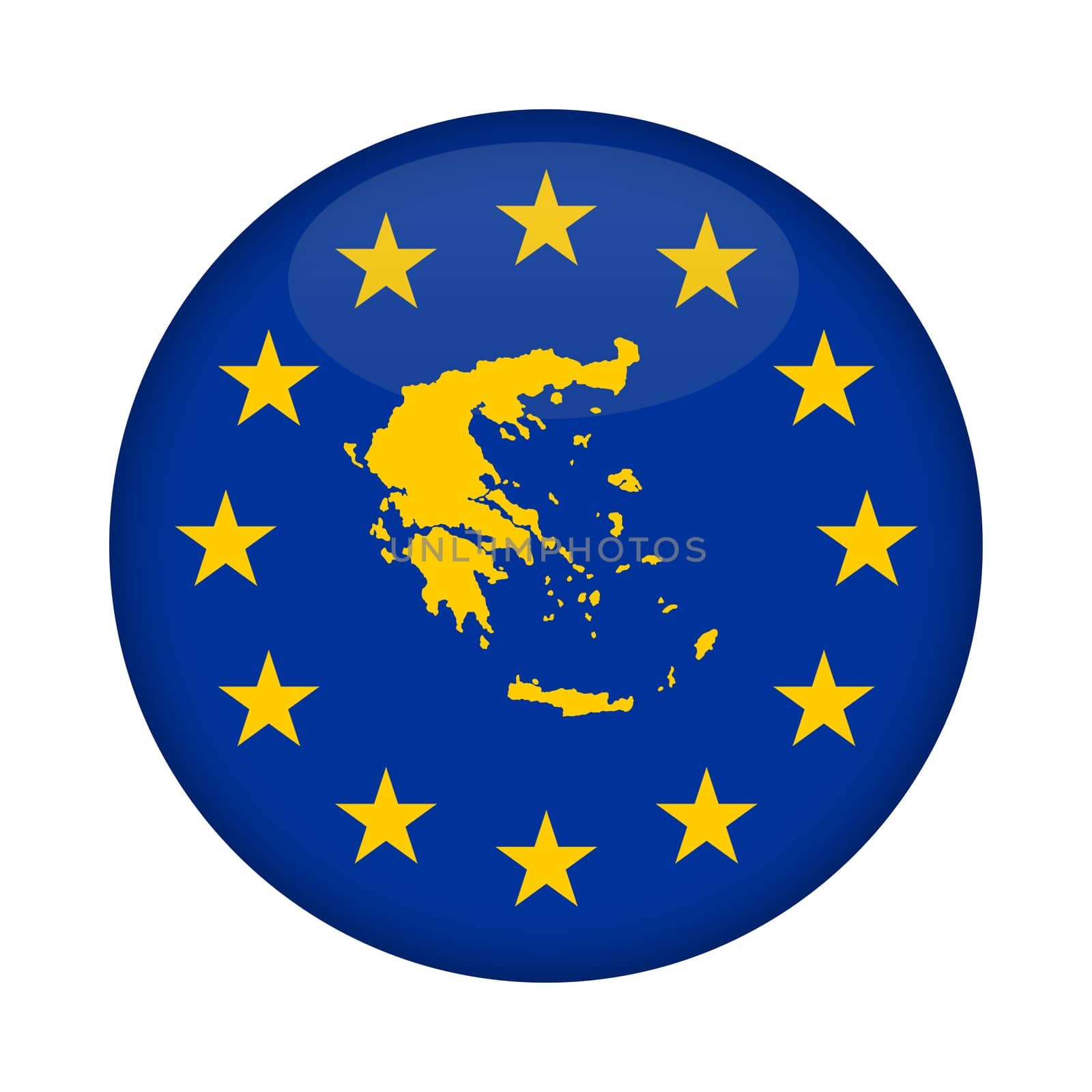 Greece map on a European Union flag button isolated on a white background.