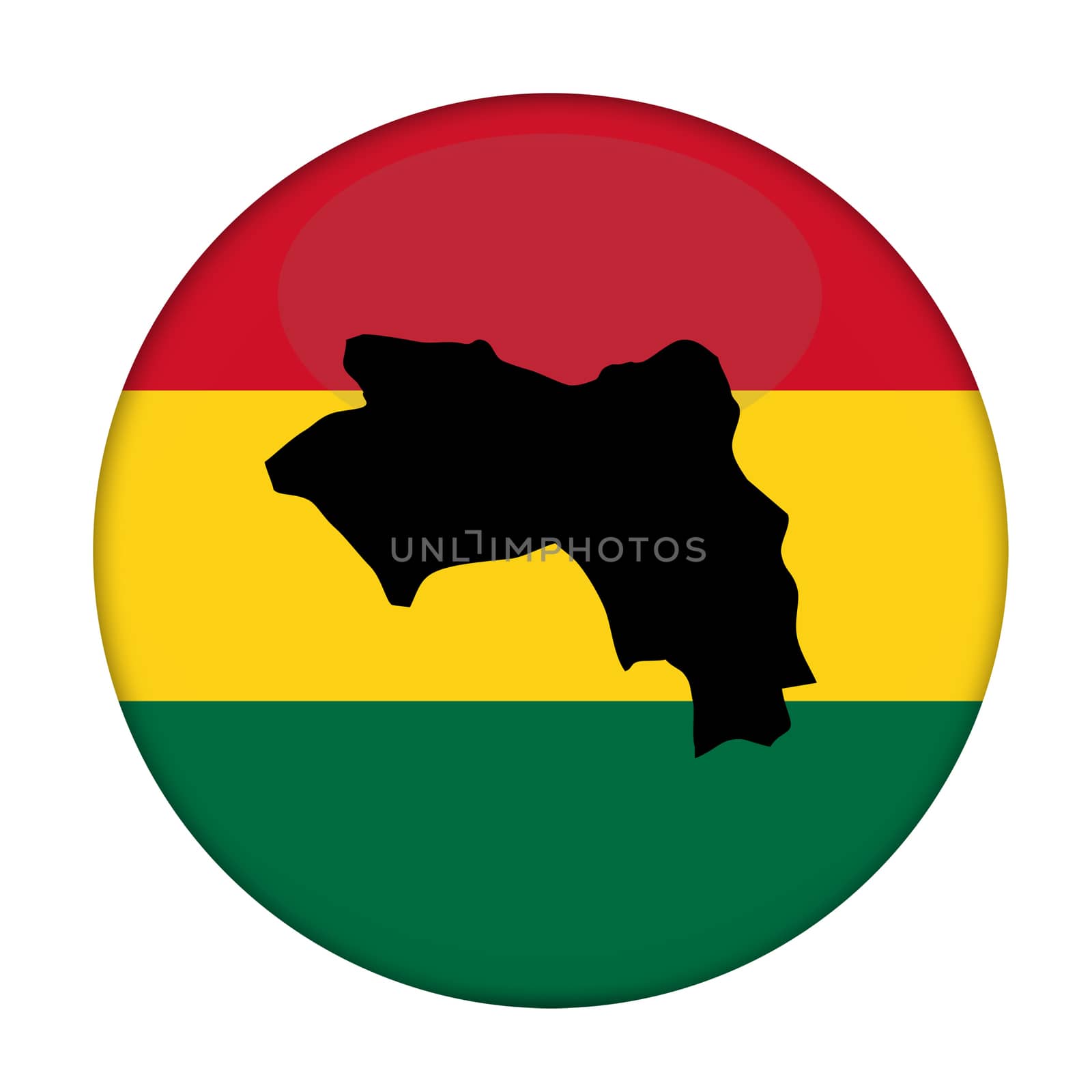 Guinea map on a Rastafarian flag button, white background.