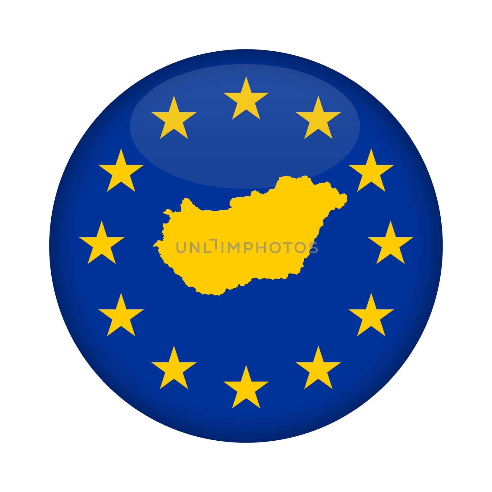 Hungary map on a European Union flag button isolated on a white background.