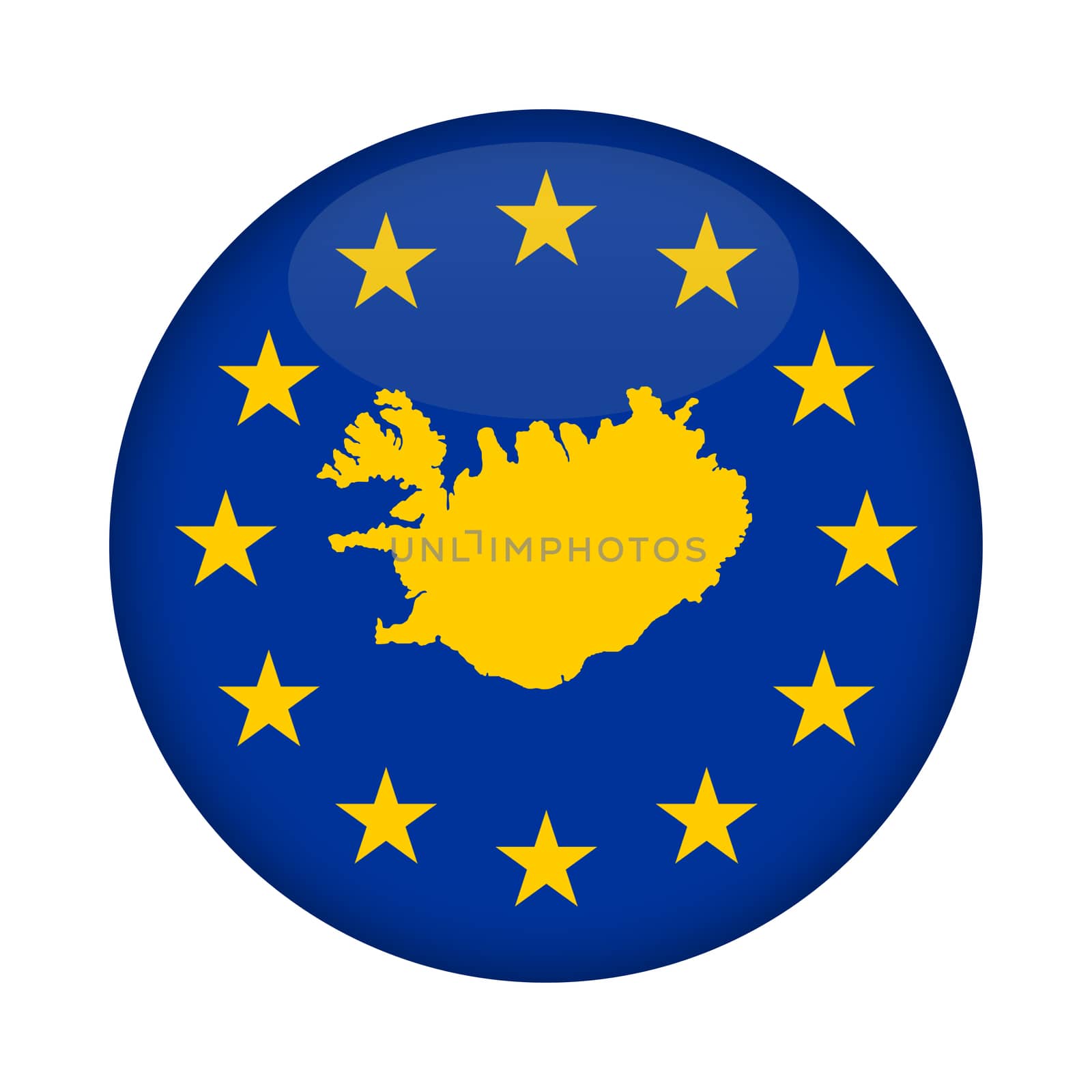Iceland map on a European Union flag button isolated on a white background.