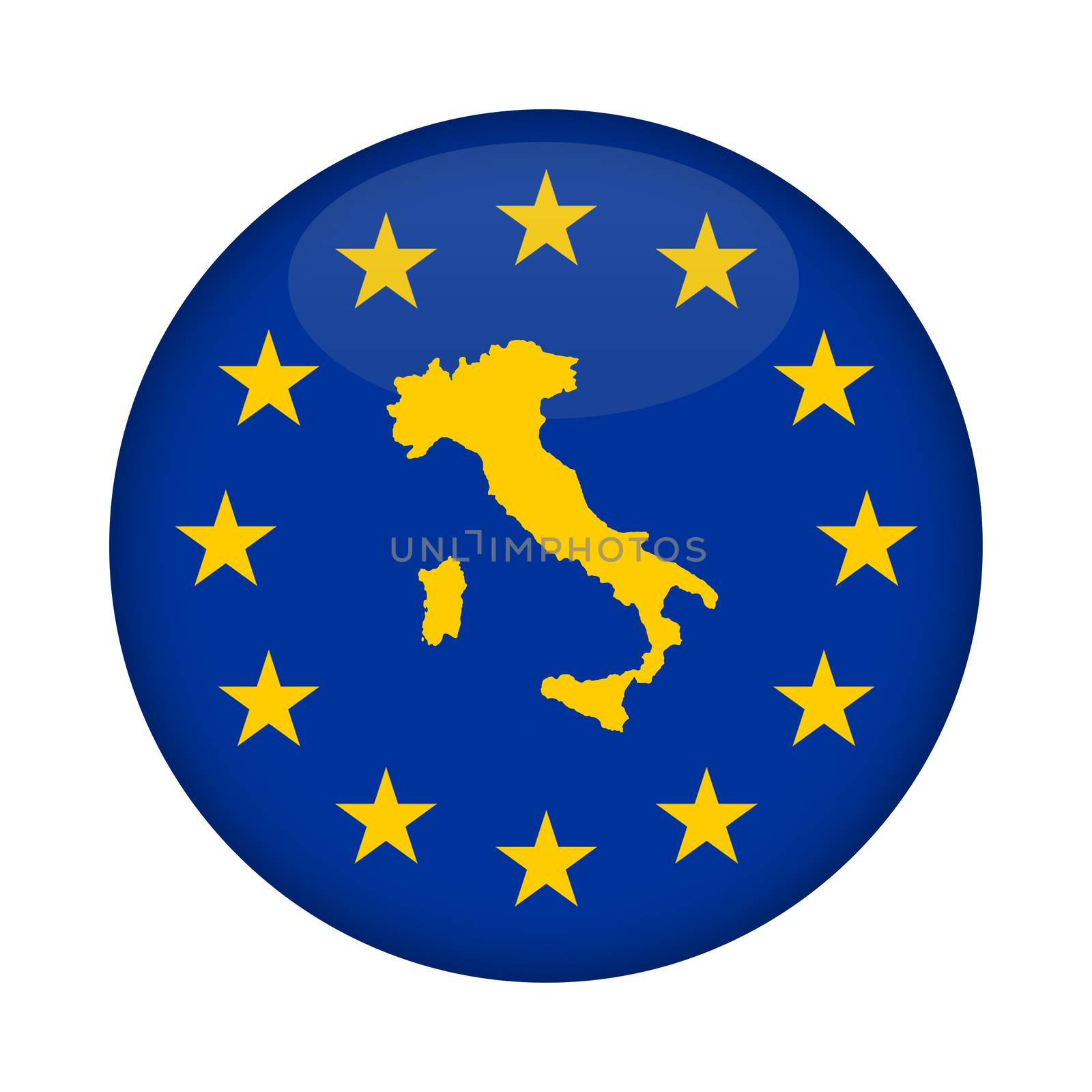 Italy map on a European Union flag button isolated on a white background.