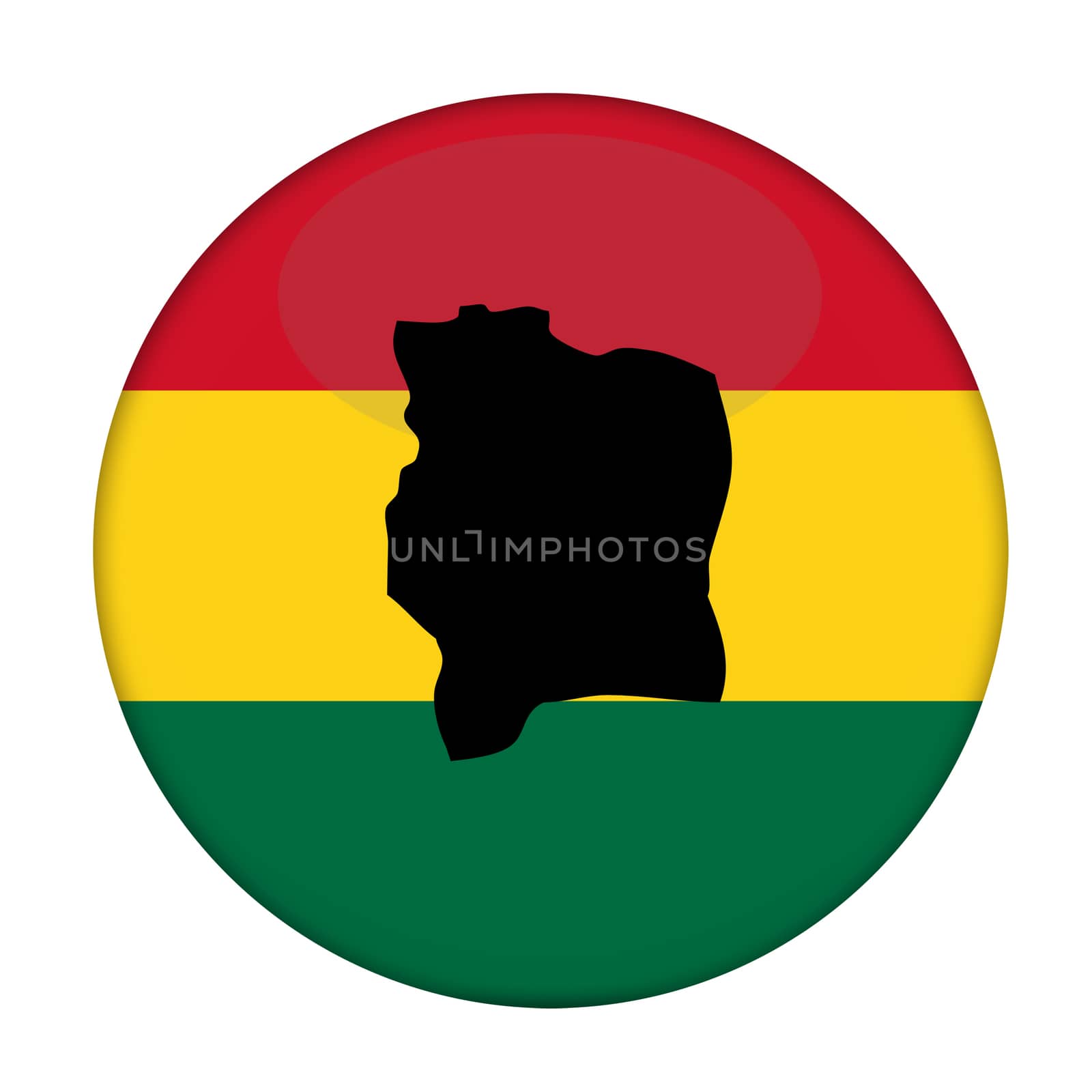 Ivory Coast map on a Rastafarian flag button, white background.