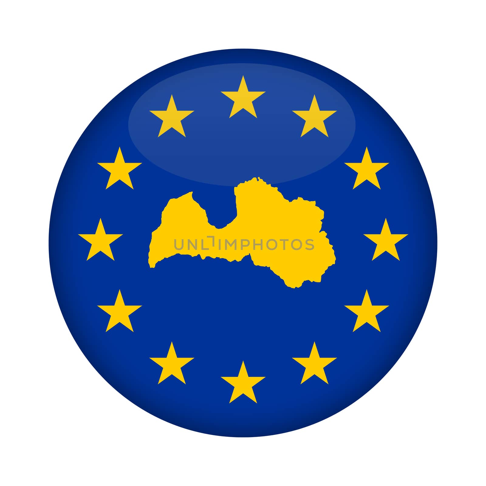 Latvia map on a European Union flag button isolated on a white background.
