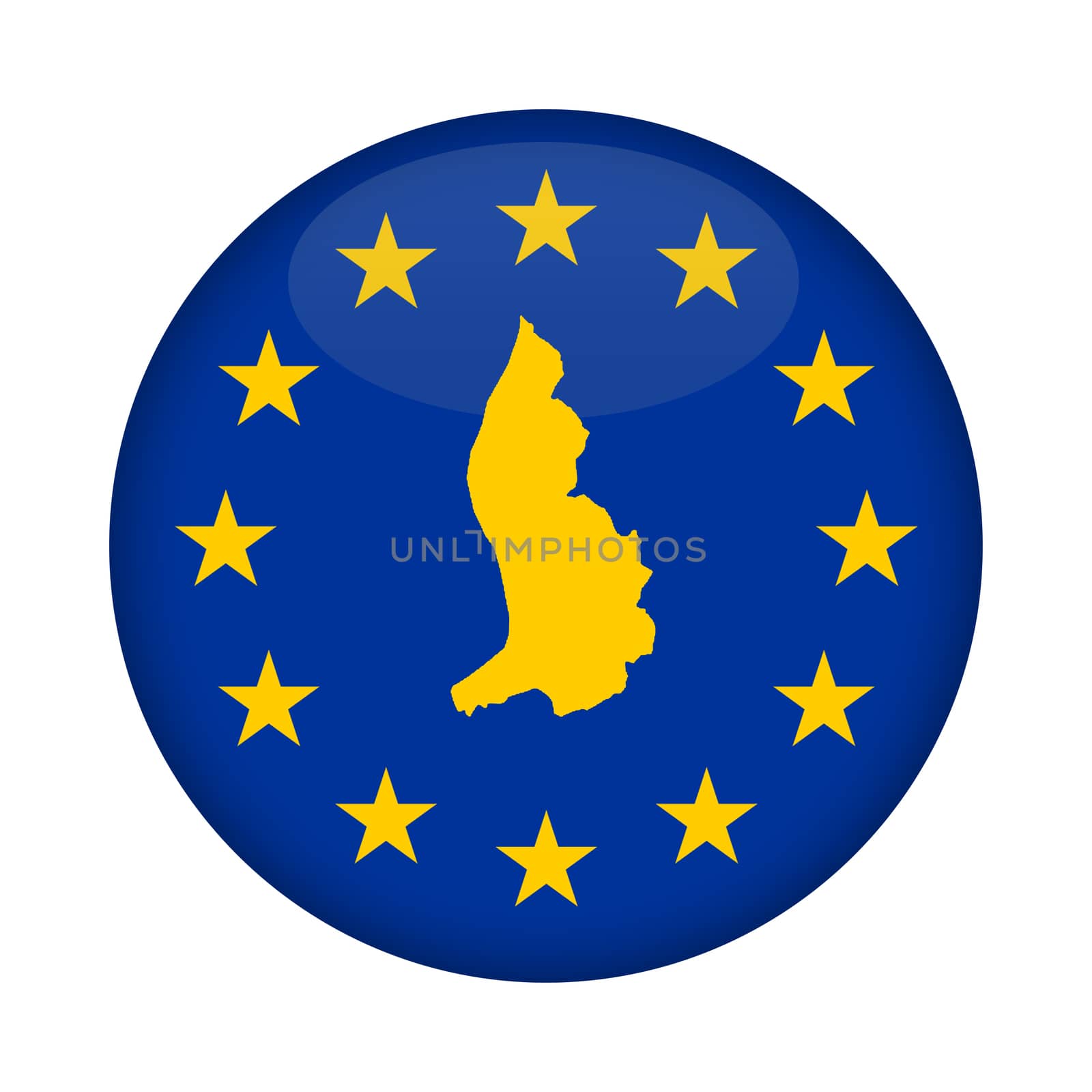 Liechtenstein map on a European Union flag button isolated on a white background.