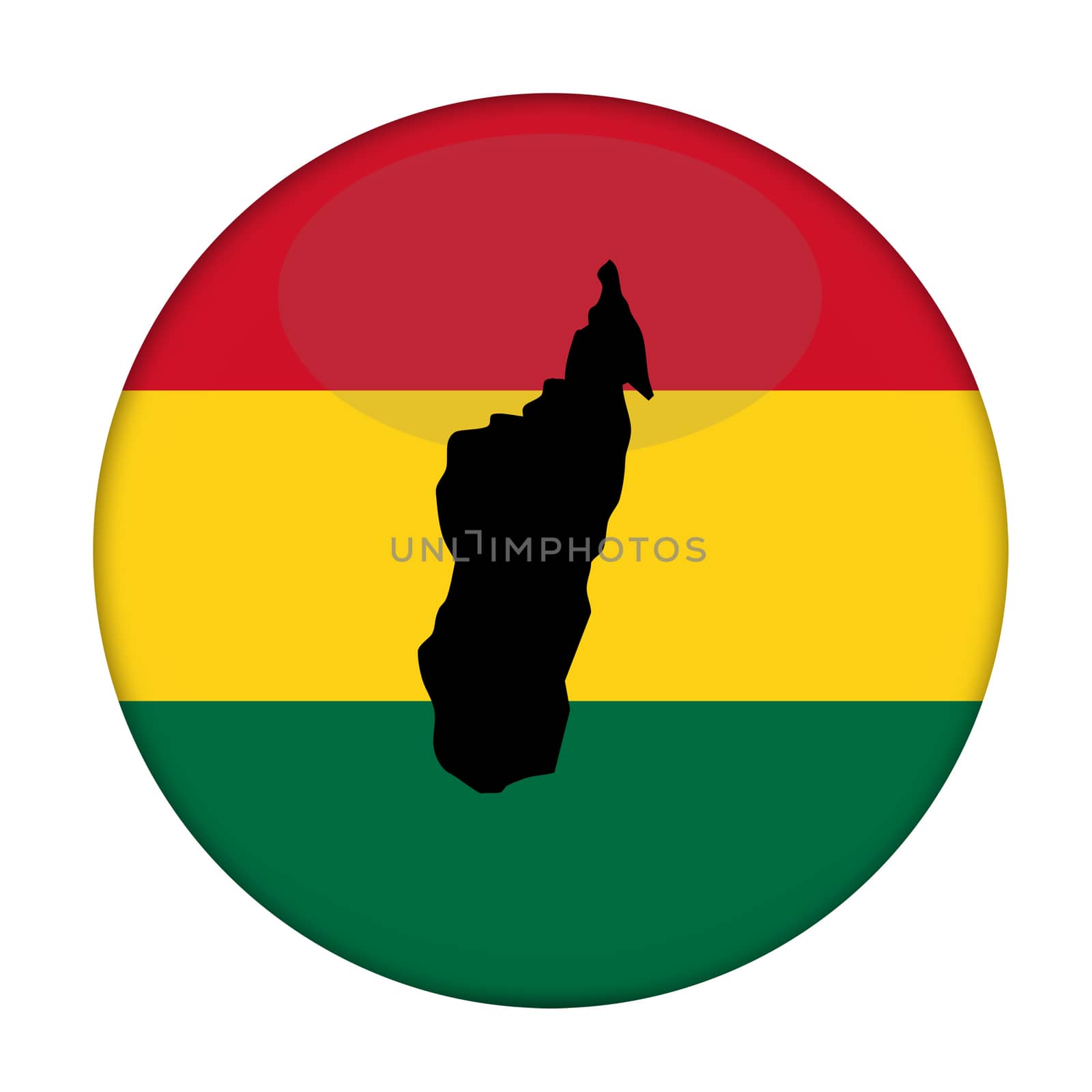 Madagascar map on a Rastafarian flag button, white background.
