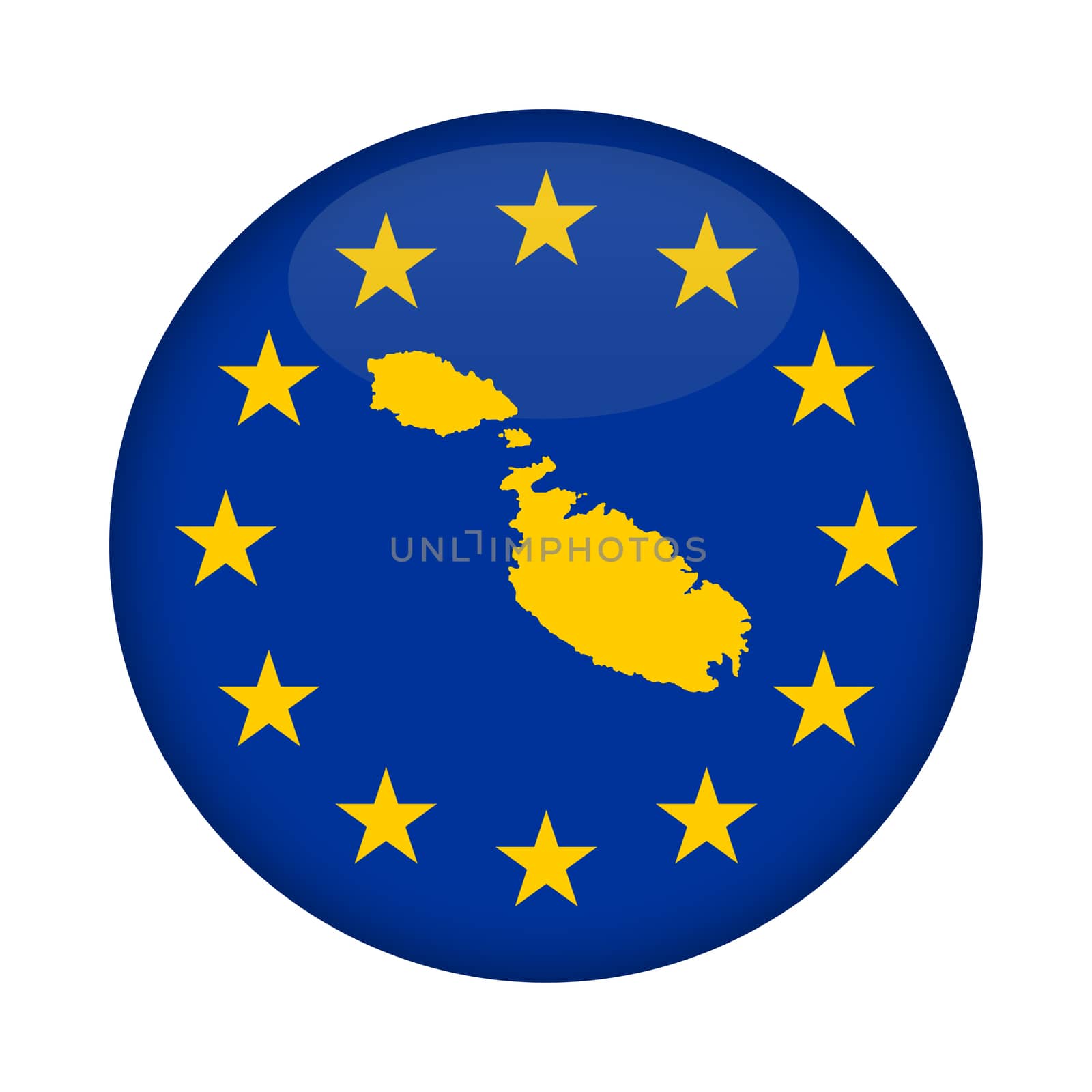 Malta map on a European Union flag button isolated on a white background.