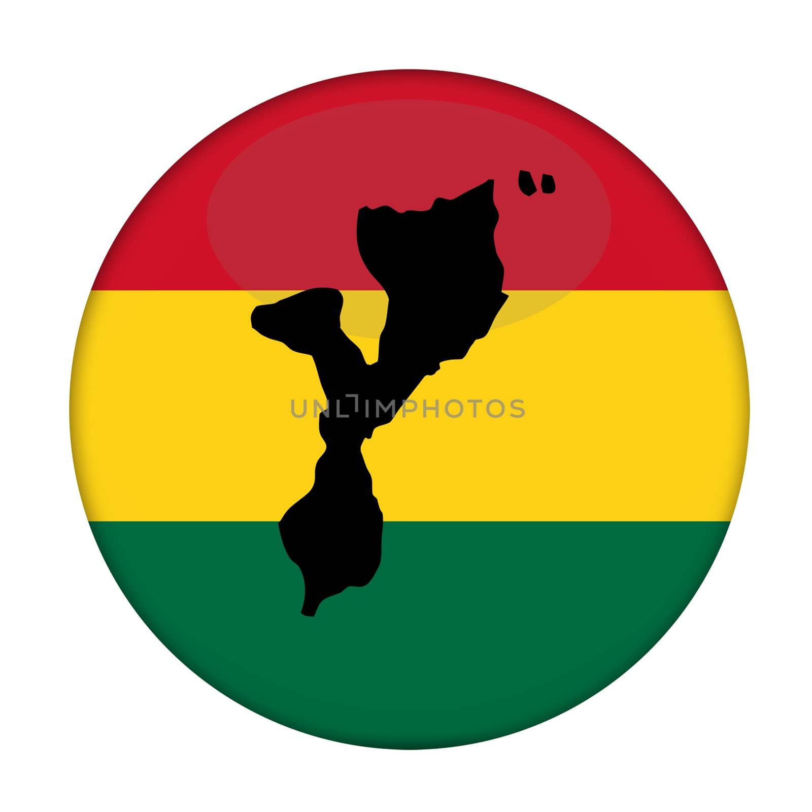 Mozambique map on a Rastafarian flag button, white background.
