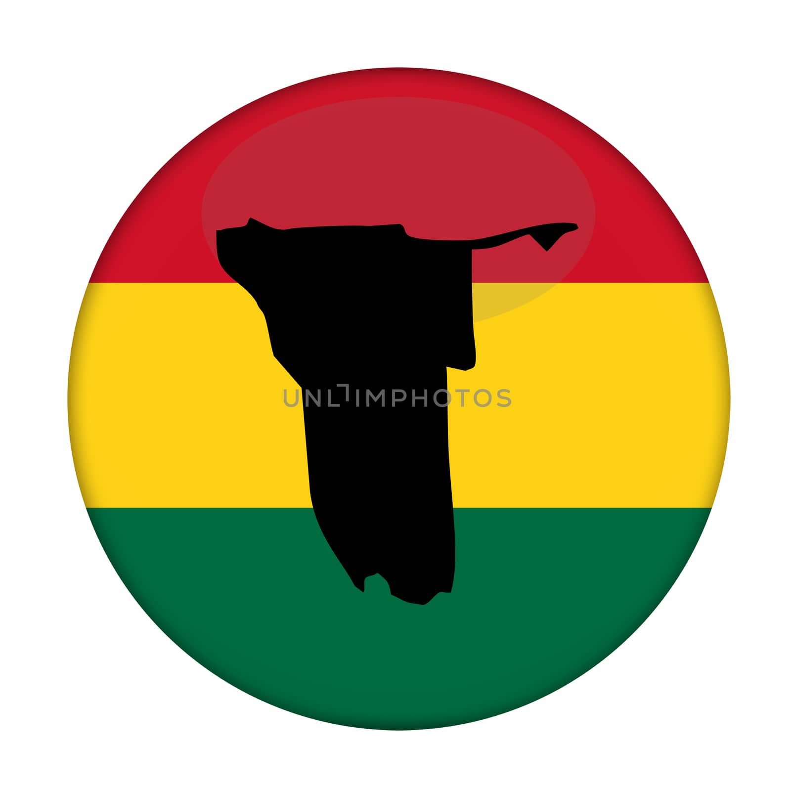 Namibia map on a Rastafarian flag button, white background.
