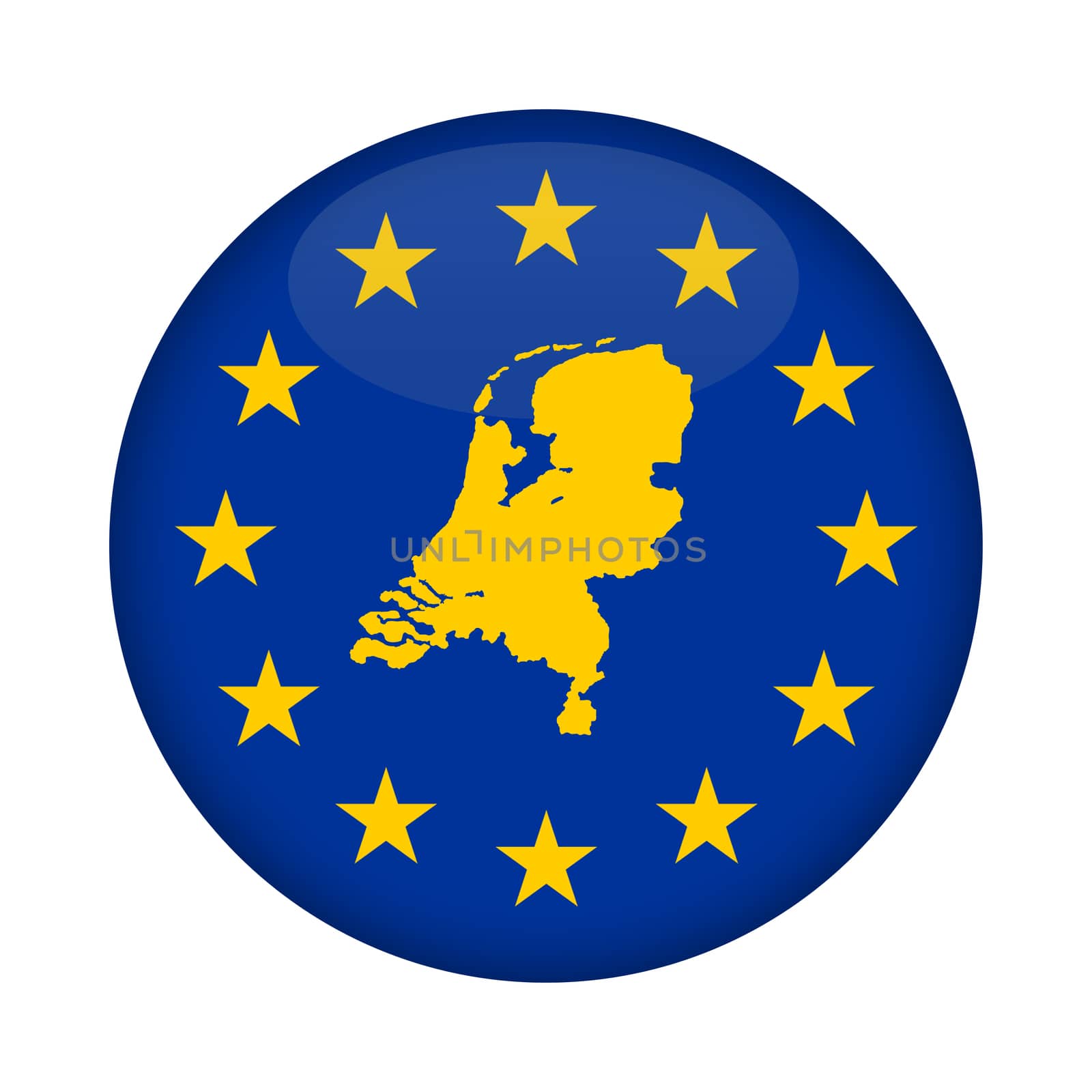 Netherlands map on a European Union flag button isolated on a white background.