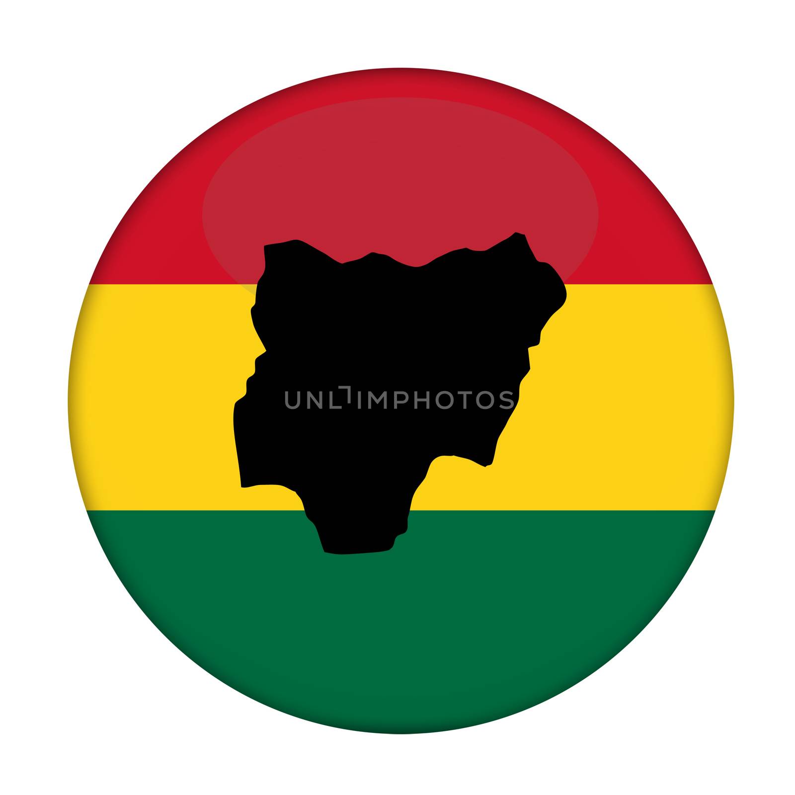 Nigeria map on a Rastafarian flag button, white background.