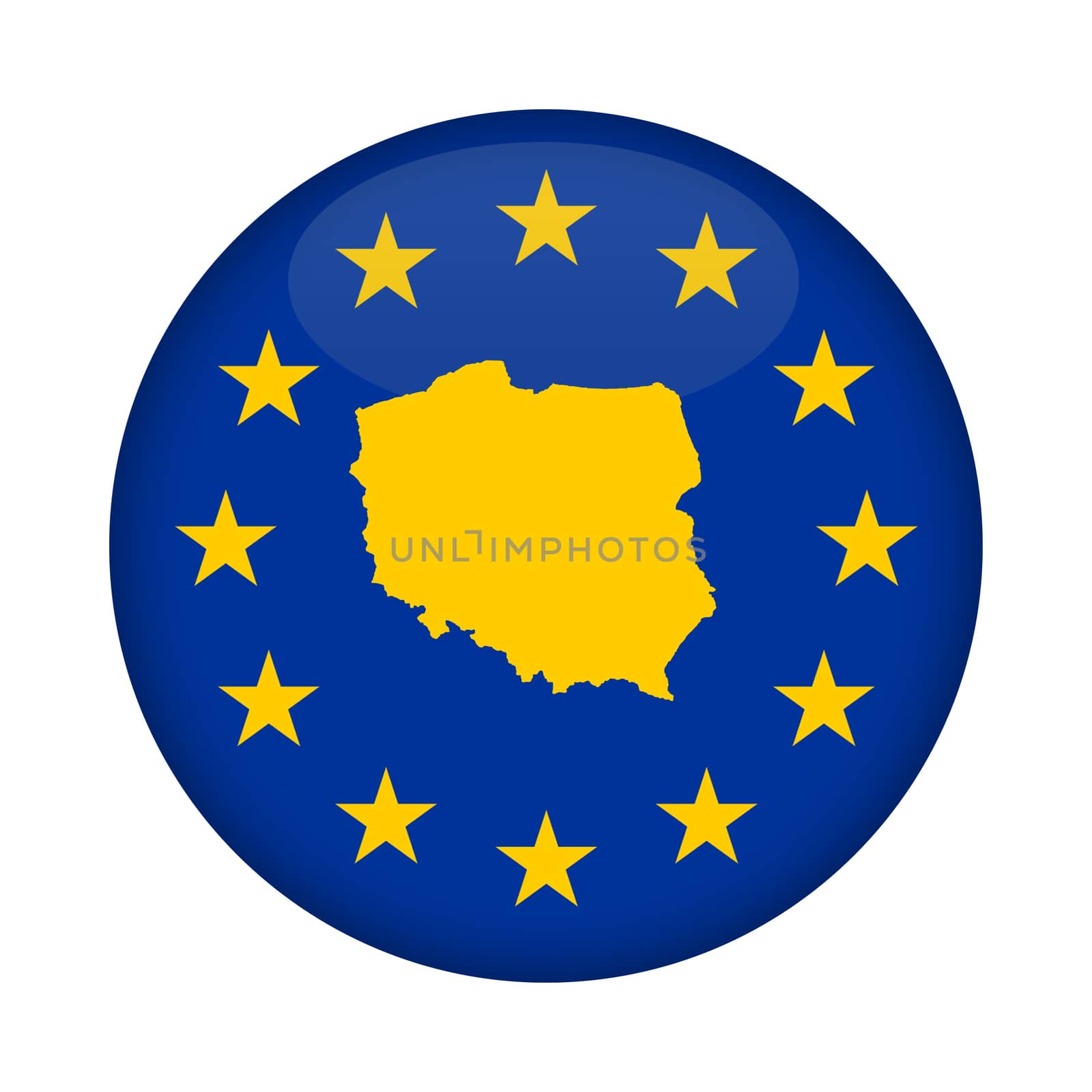 Poland map on a European Union flag button isolated on a white background.