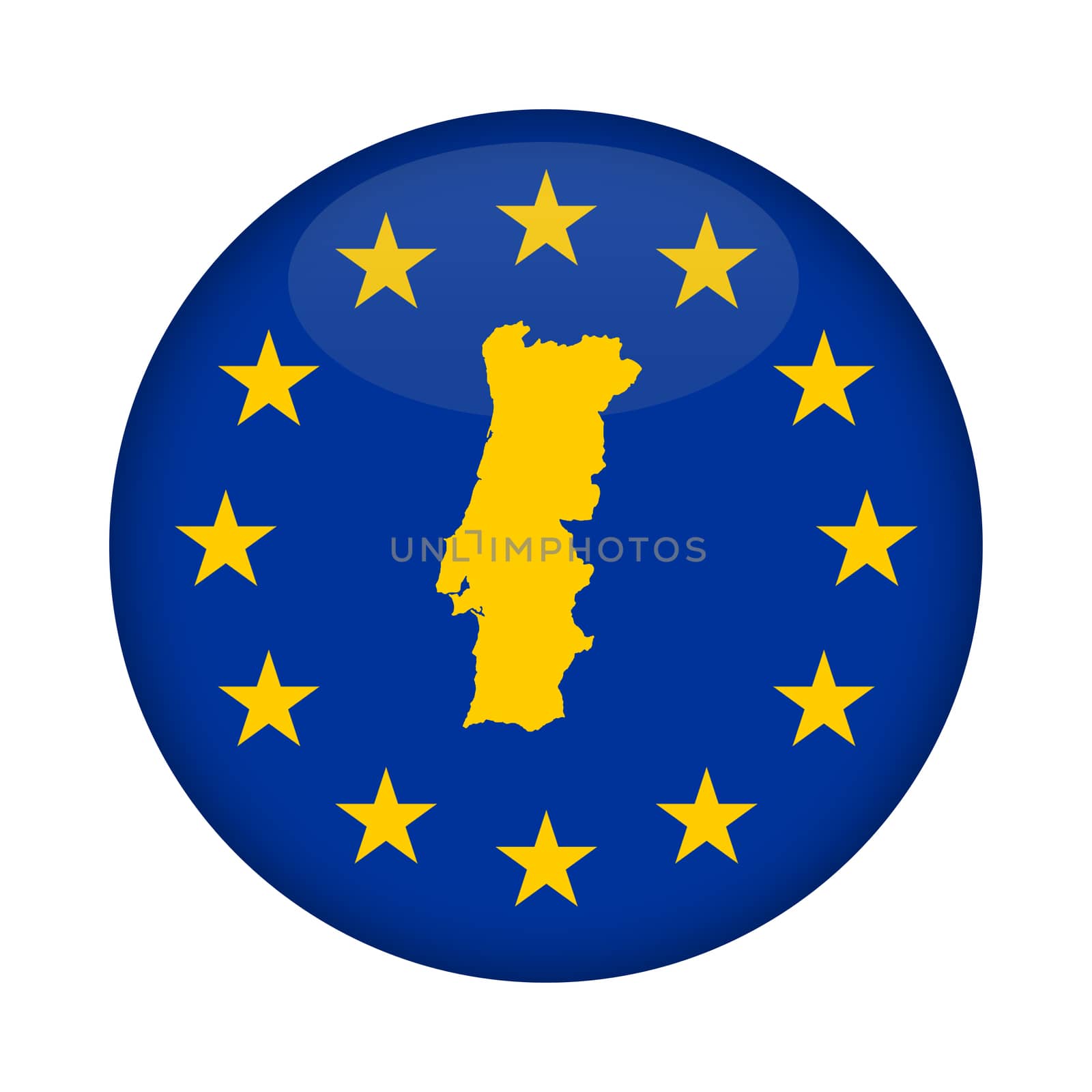 Portugal map on a European Union flag button isolated on a white background.
