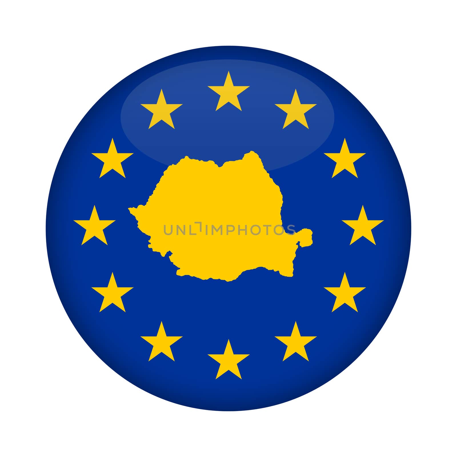 Romania map on a European Union flag button isolated on a white background.