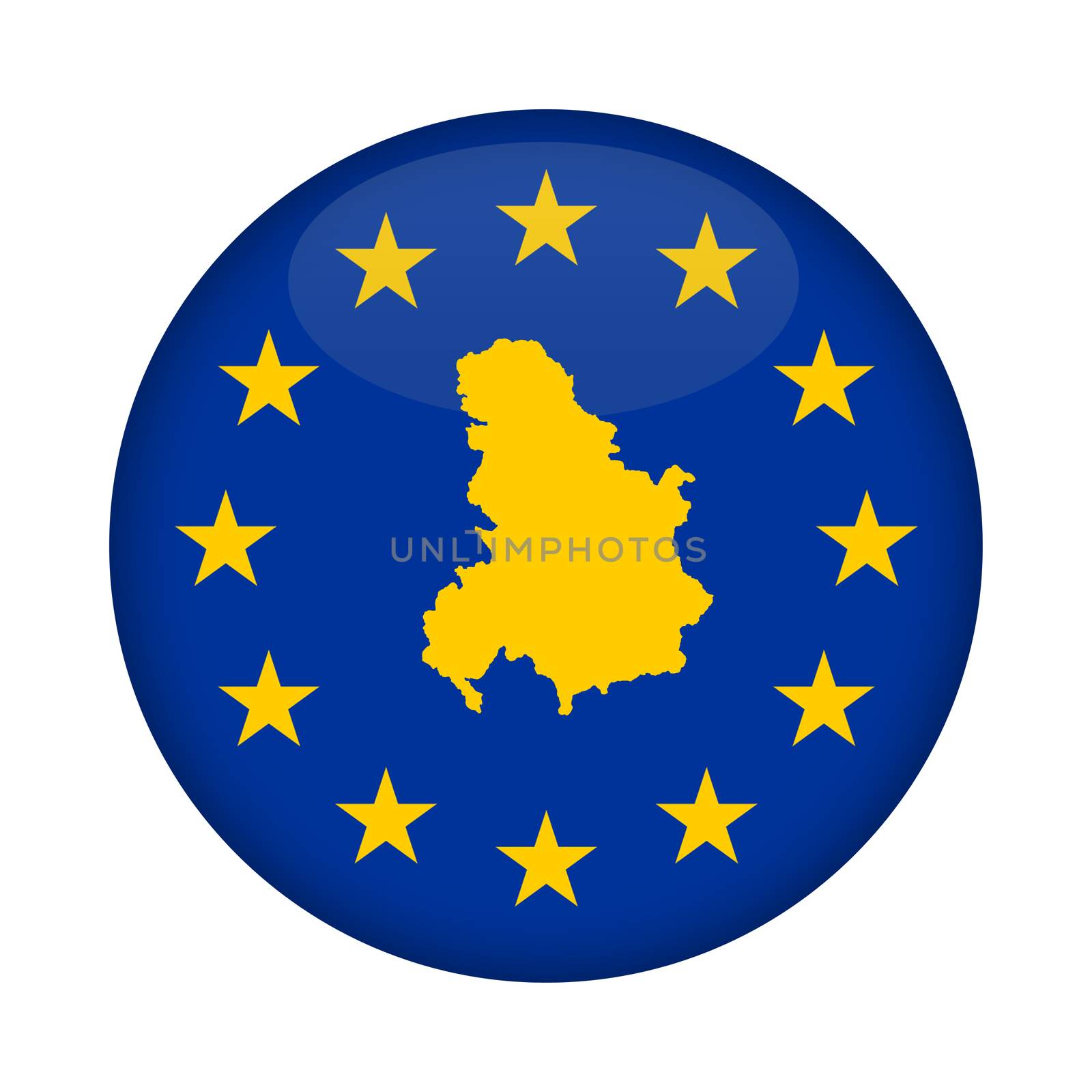 Serbia and Montenegro map on a European Union flag button isolated on a white background.