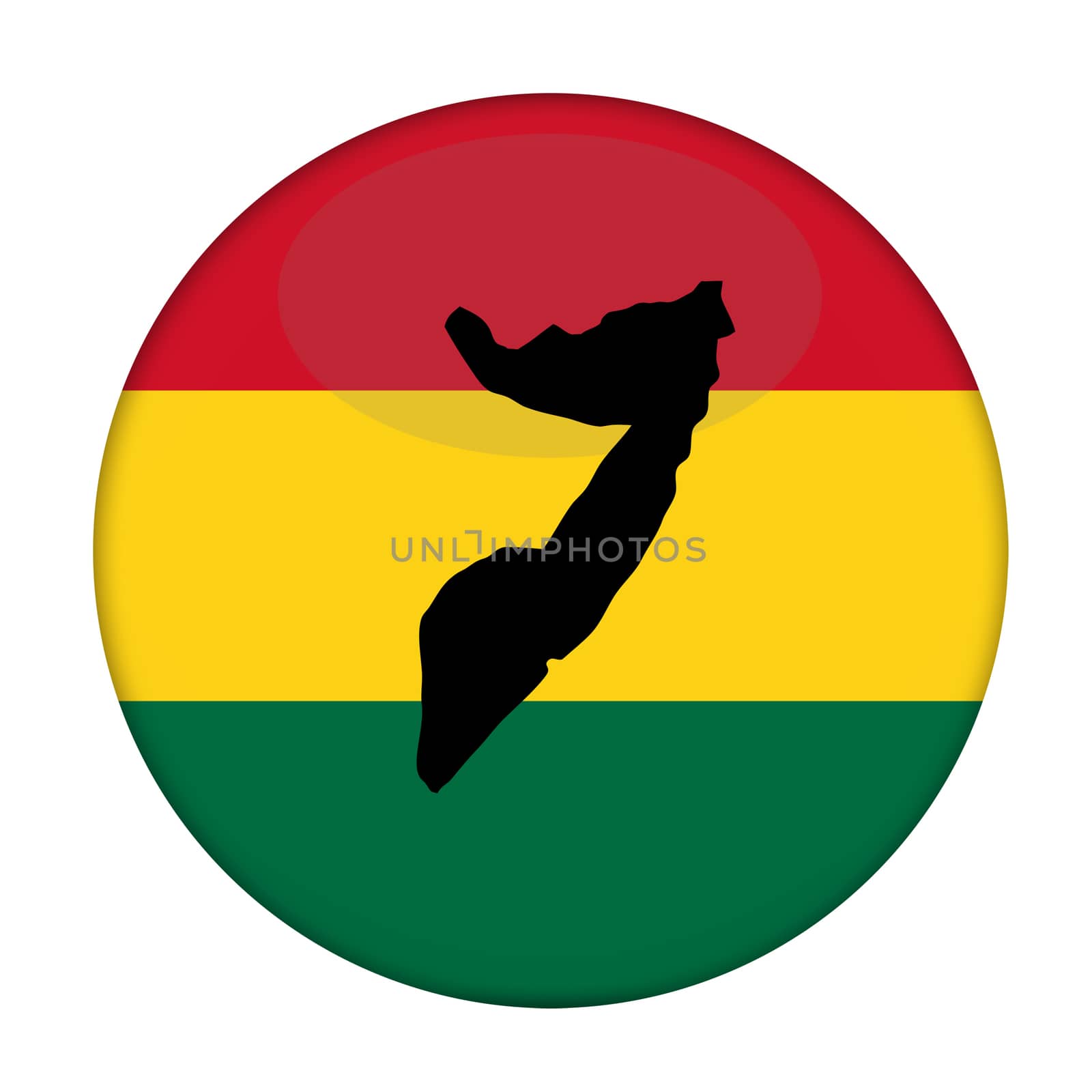 Somalia map on a Rastafarian flag button, white background.