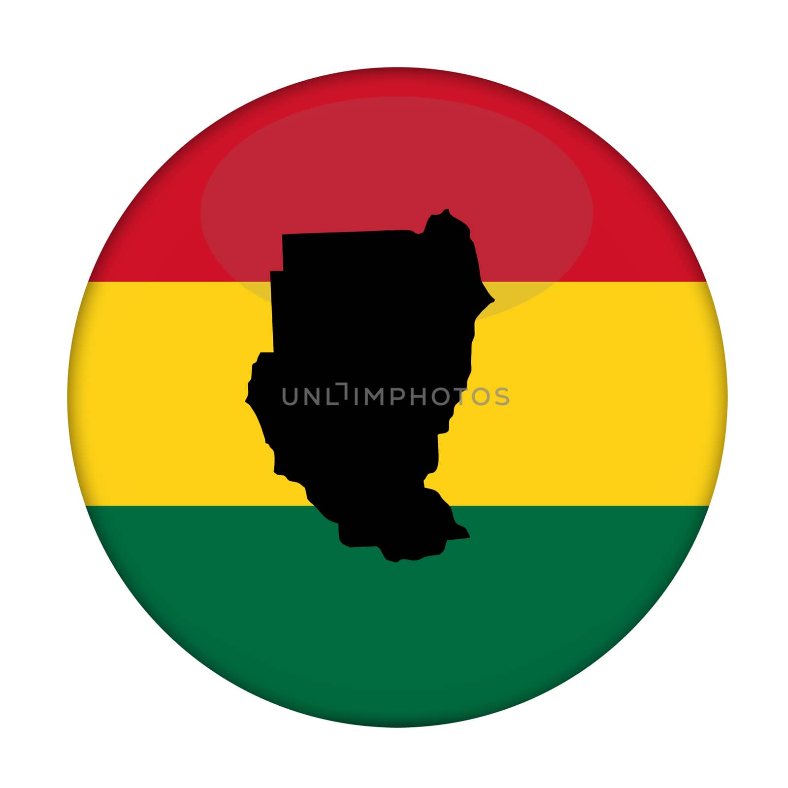 Sudan map on a Rastafarian flag button, white background.
