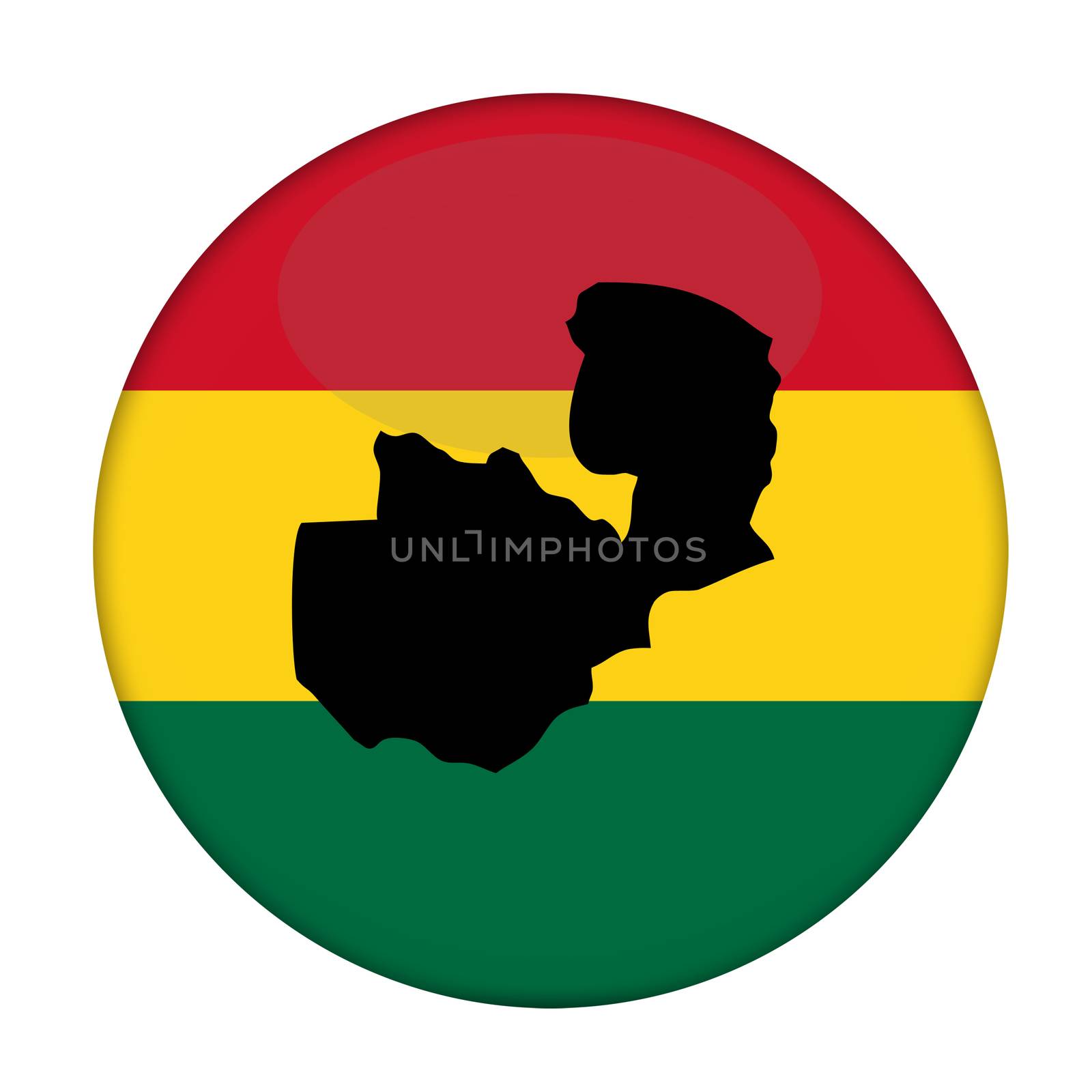 Zambia map on a Rastafarian flag button, white background.