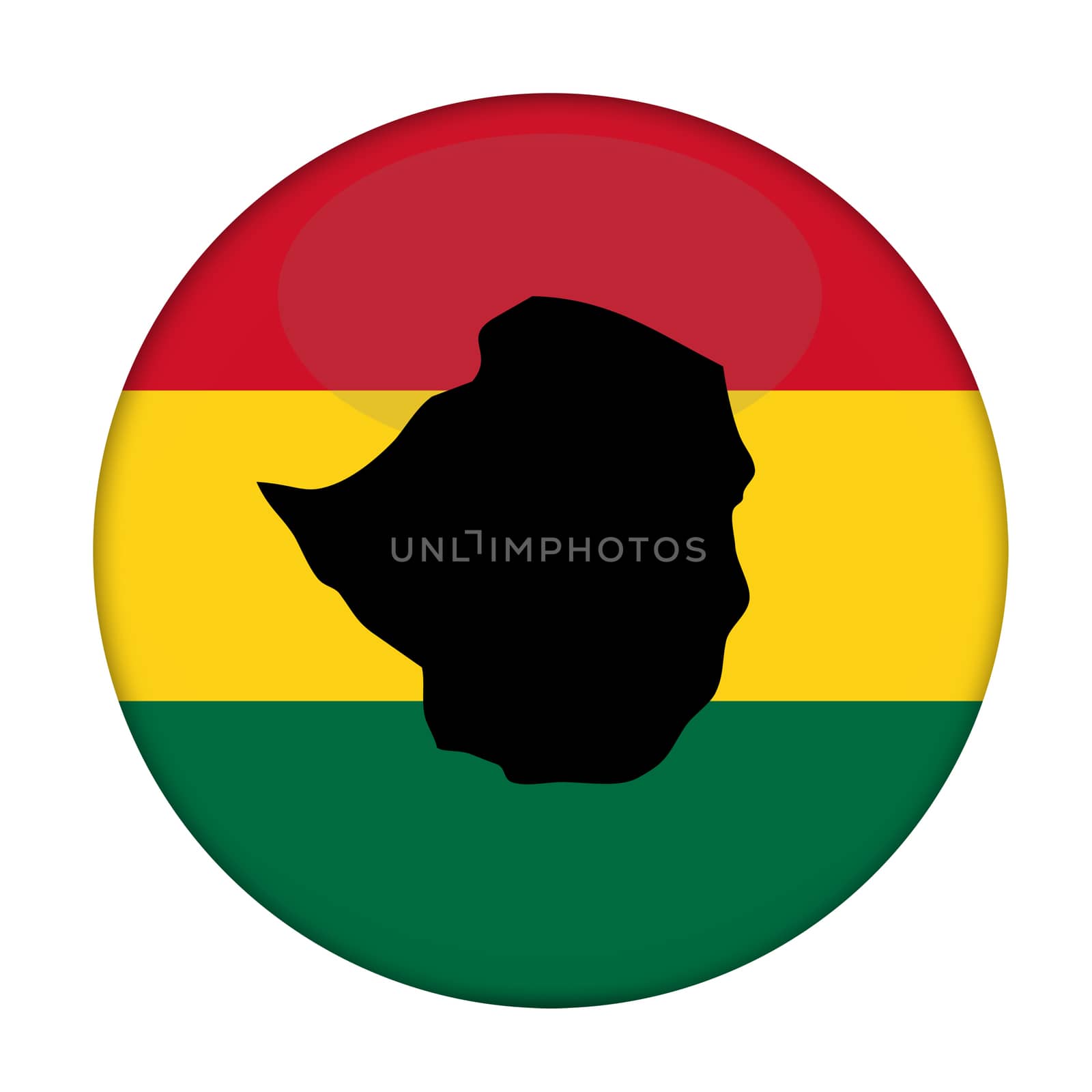 Zimbabwe map on a Rastafarian flag button, white background.