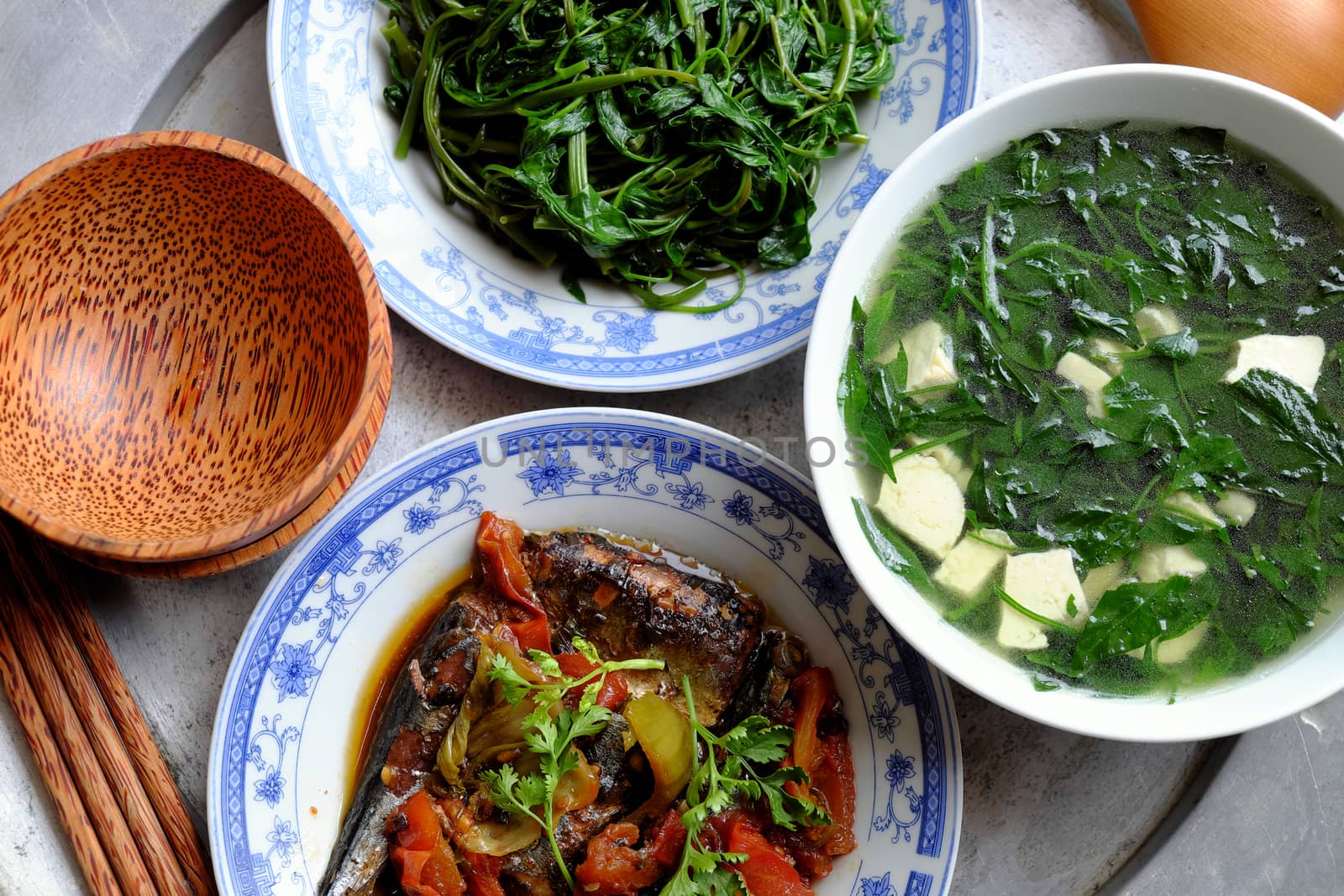 Vietnamese food, fish sauce, boiled vegetable and vegetables soup.Dinner time is family meal and happy time, a traditional culture