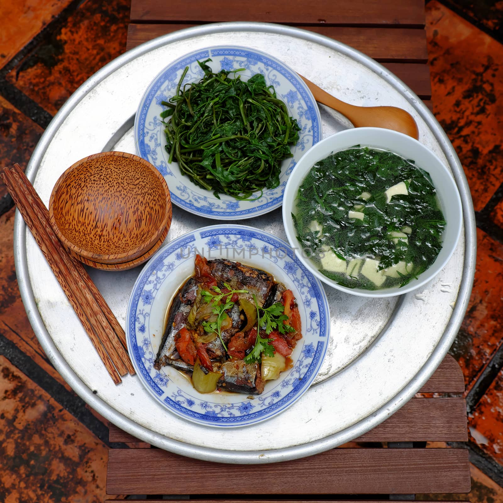 Vietnamese food, fish sauce, boiled vegetable and vegetables soup.Dinner time is family meal and happy time, a traditional culture