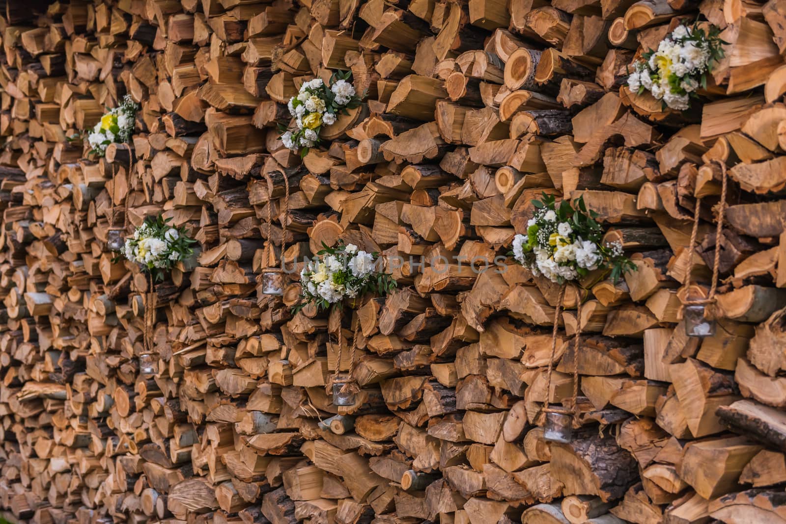 wedding decor, flowers and lights on the tree background