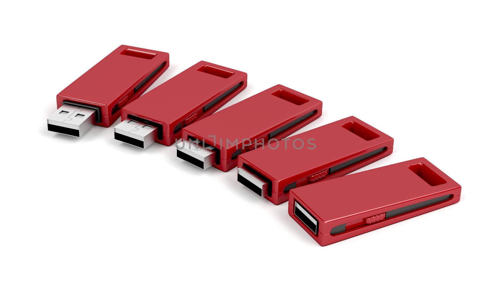 Slide usb flash drives on white background