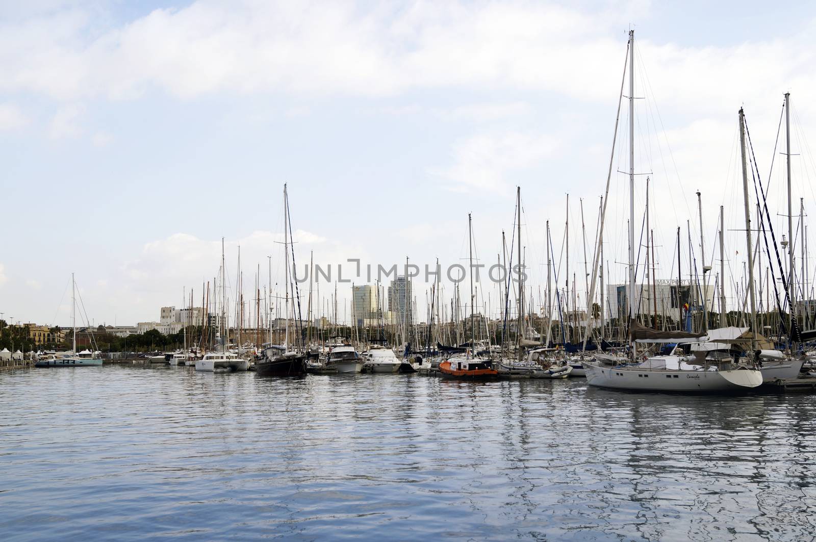  BARCELONA, SPAIN - OCTOBER 09, 2015: Yachts parked at Port Vell in Barcelona, Spain