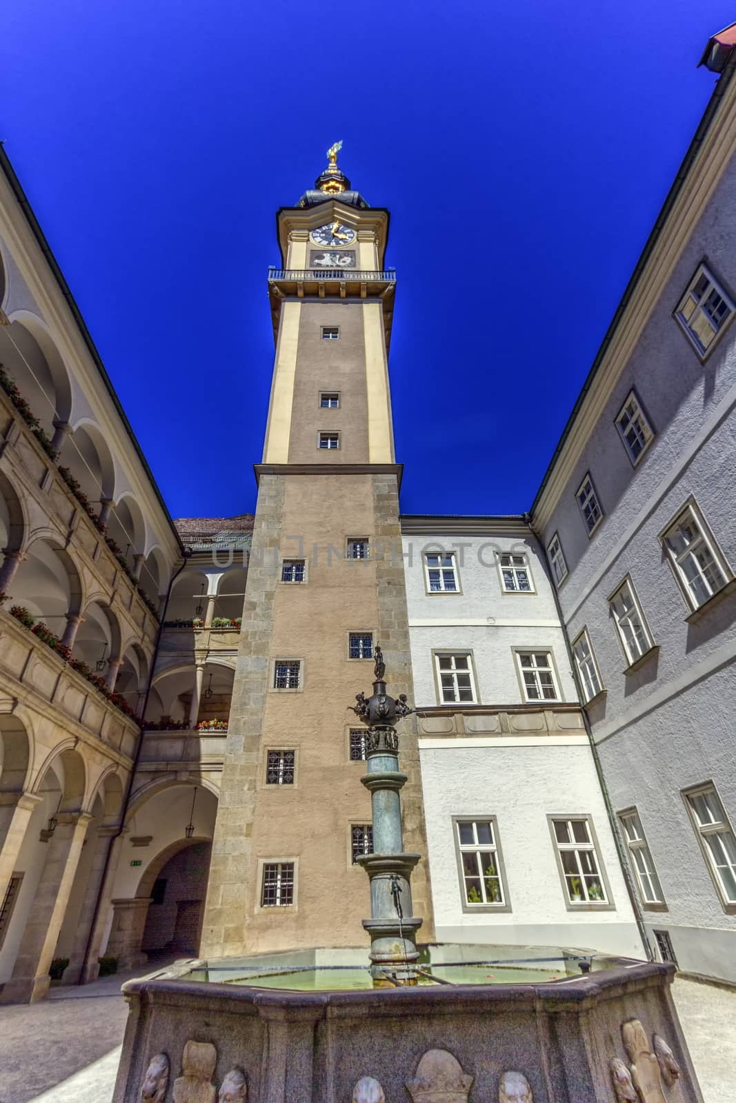 Inner court of Landhaus with its Planet Fountain and tower in Linz, Austria