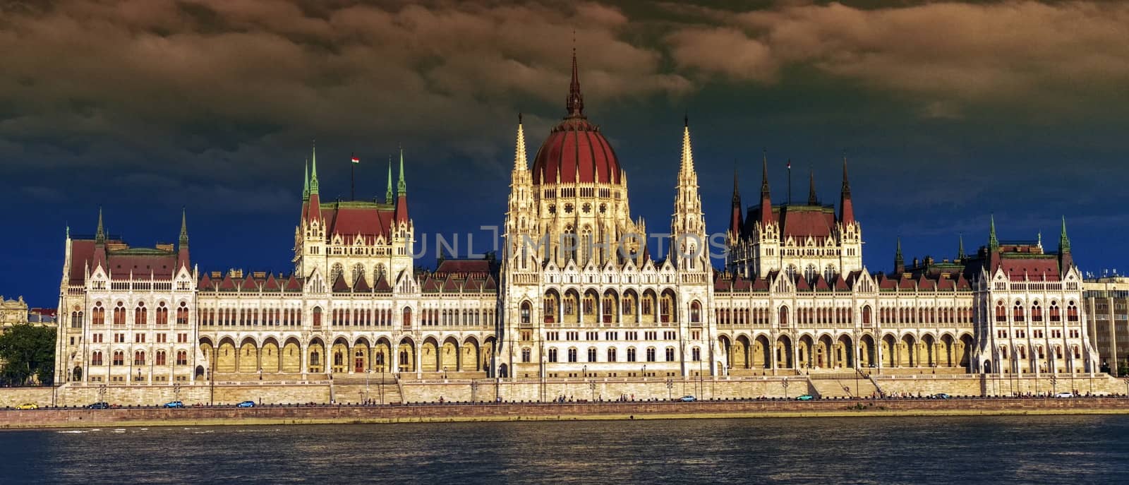 Colorful sunset on Hungarian Parliament Building in Budapest, Hungary