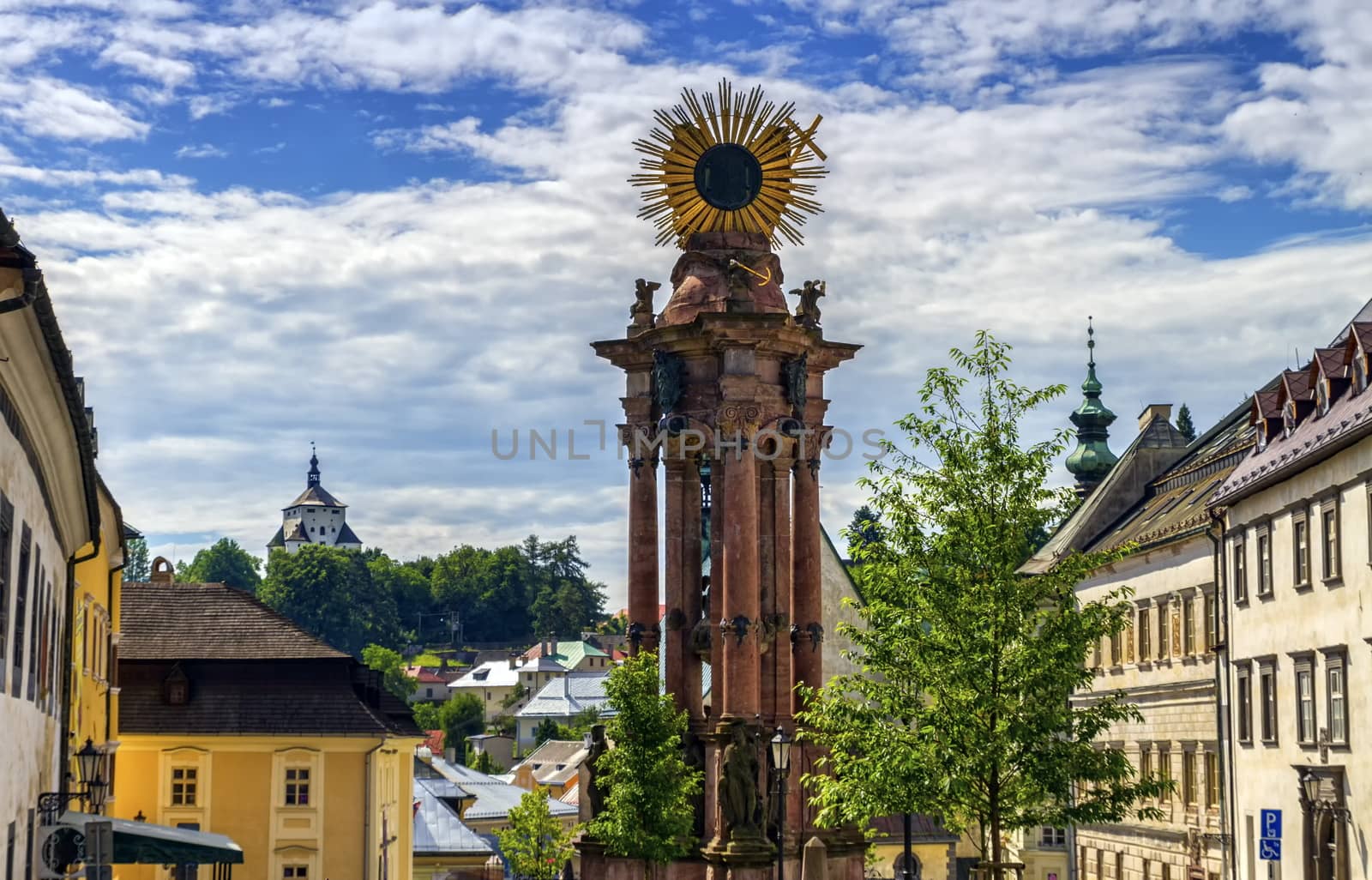 Plague column in the Trinity Square and new castle, Banska Stiavnica, Slovakia by Elenaphotos21