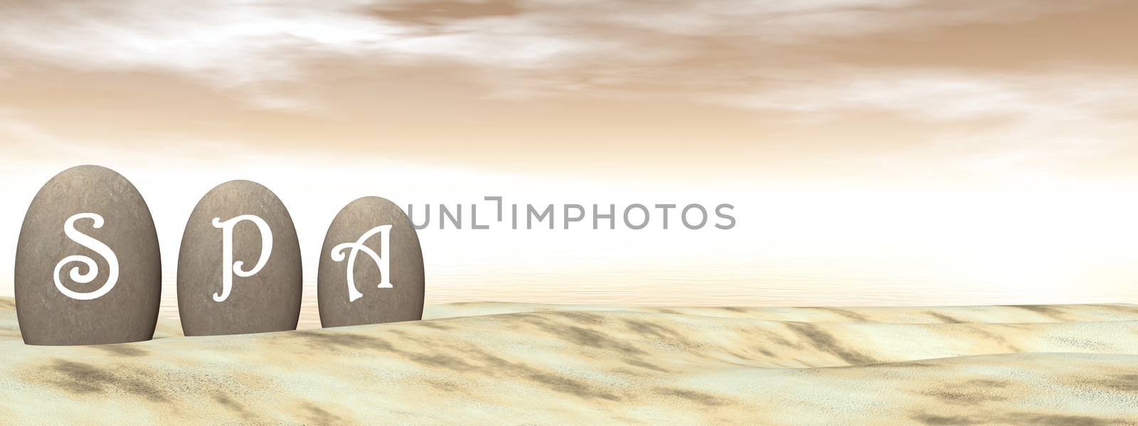 SPA letters on stones in the desert by brown sunset - 3d Render