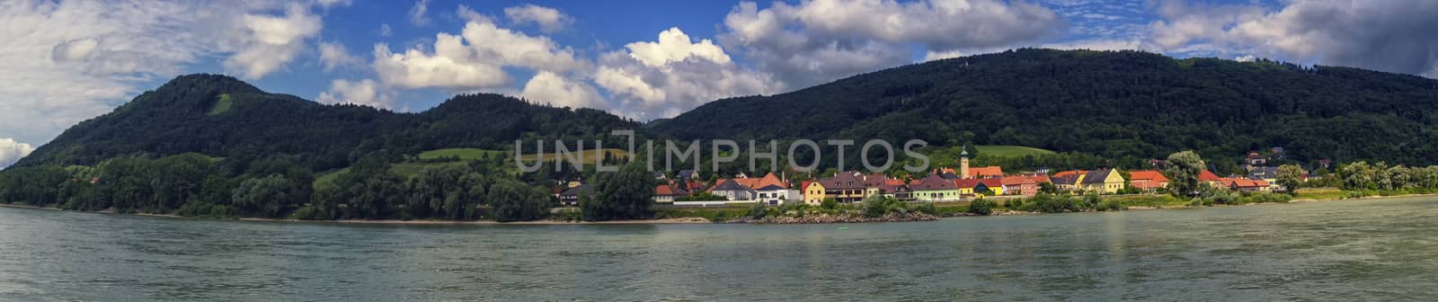 Panoramic view on the village of Willendorf on the river Danube in the Wachau region by day, Austria