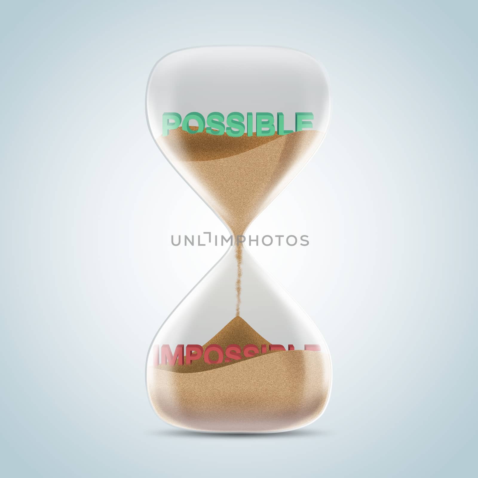 Opposite wording concept in hourglass, possible revealed after sands fall and covered impossible text. 3d illustration.