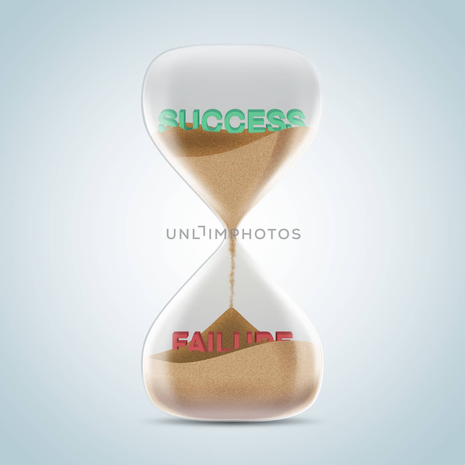 Opposite wording concept in hourglass, success revealed after sands fall and covered failure text. 3d illustration.