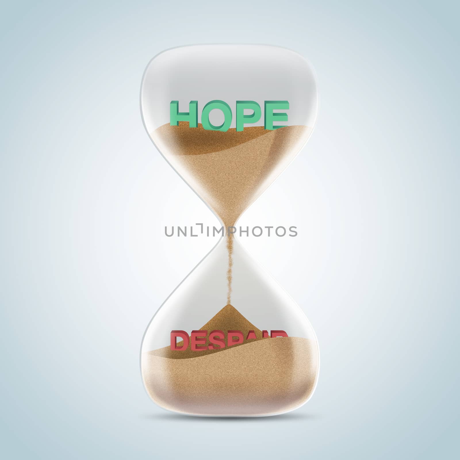 Opposite wording concept in hourglass, hope revealed after sands fall and covered despair text. 3d illustration.