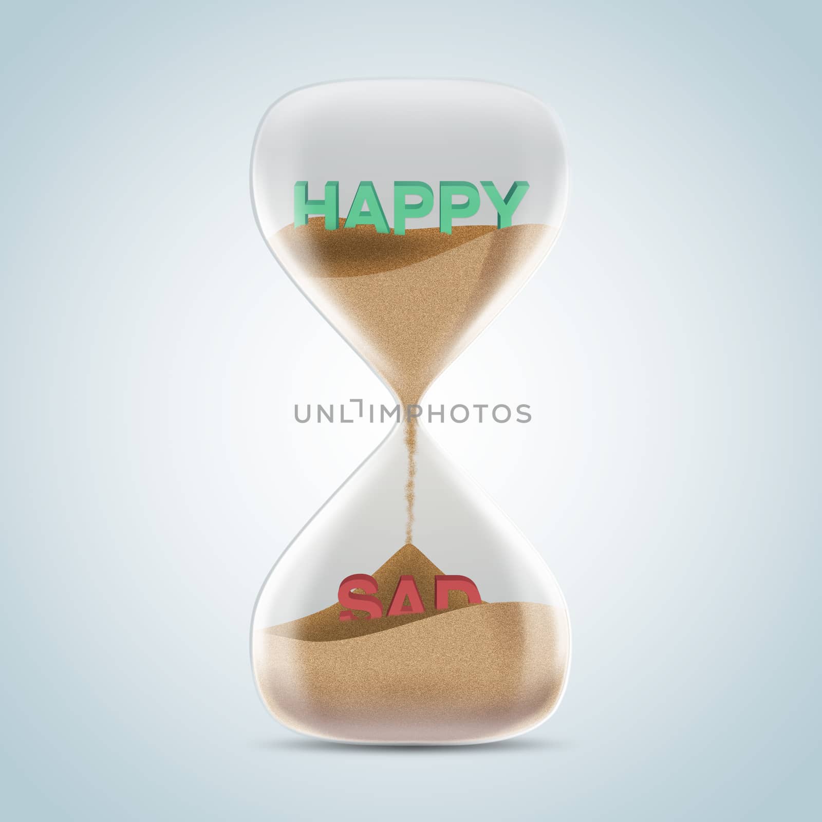 Opposite wording concept in hourglass, happy revealed after sands fall and covered sad text. 3d illustration.