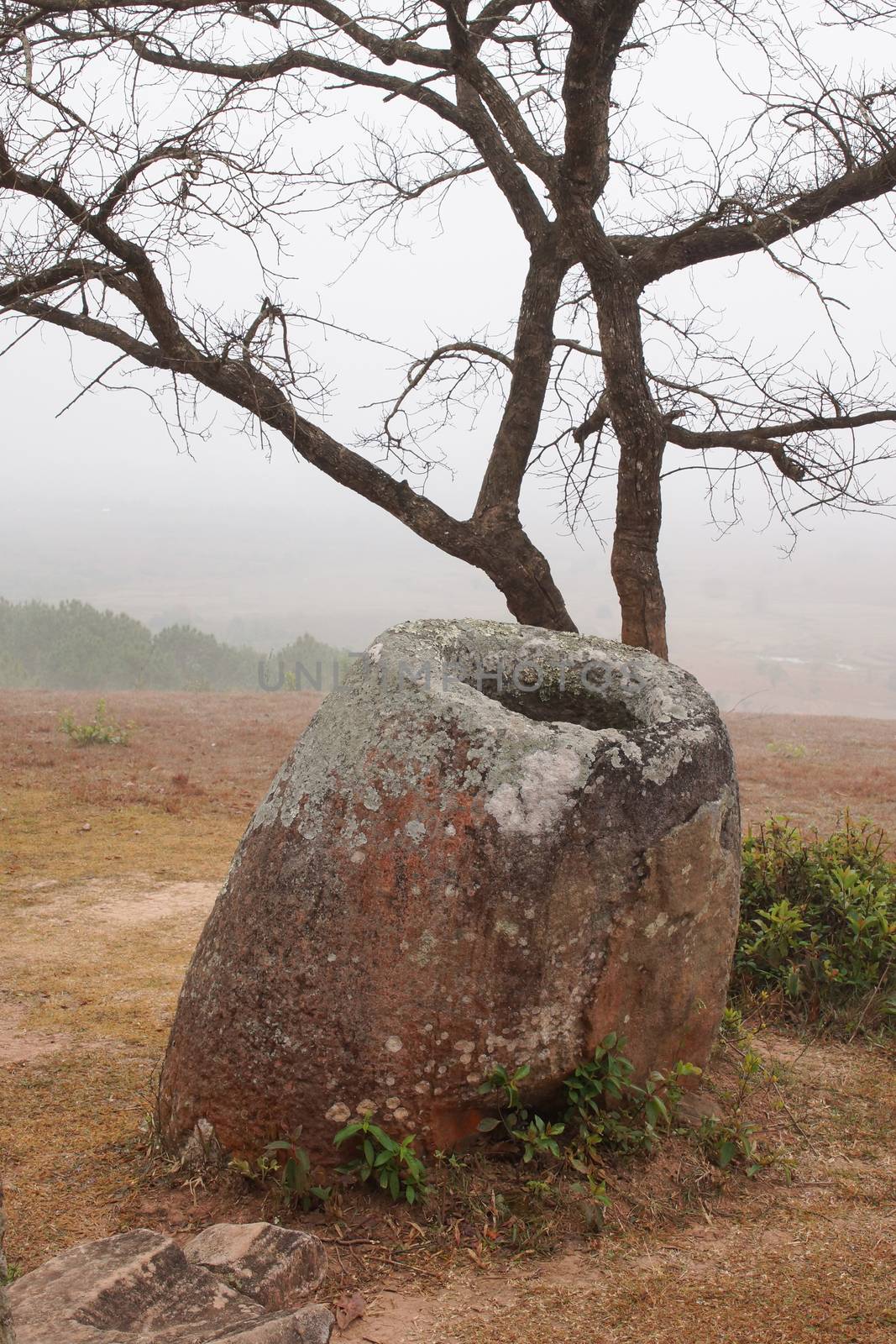 Plain of Jars on a foggy morning, Laos, Asia