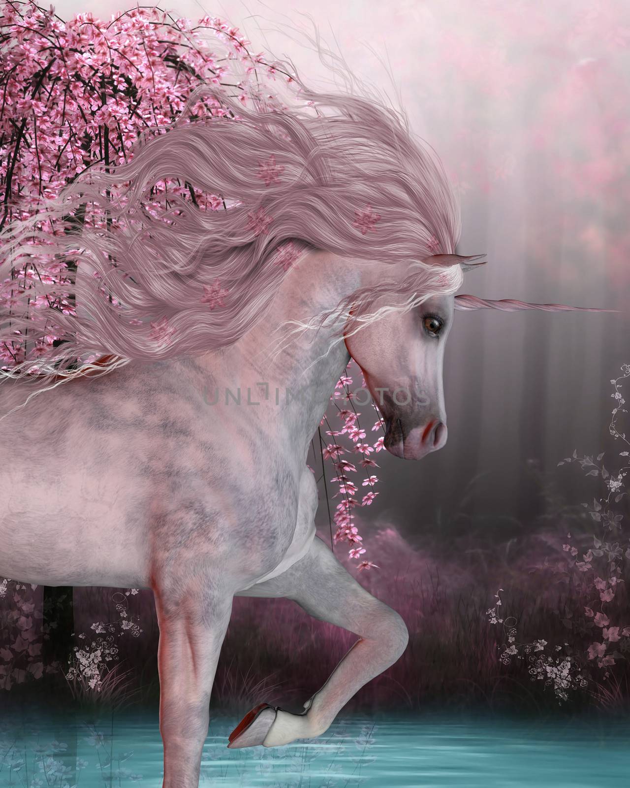 The Unicorn horse is a mythical creature with a horn on it's forehead and cloven hoofs and lives in the magical forest.